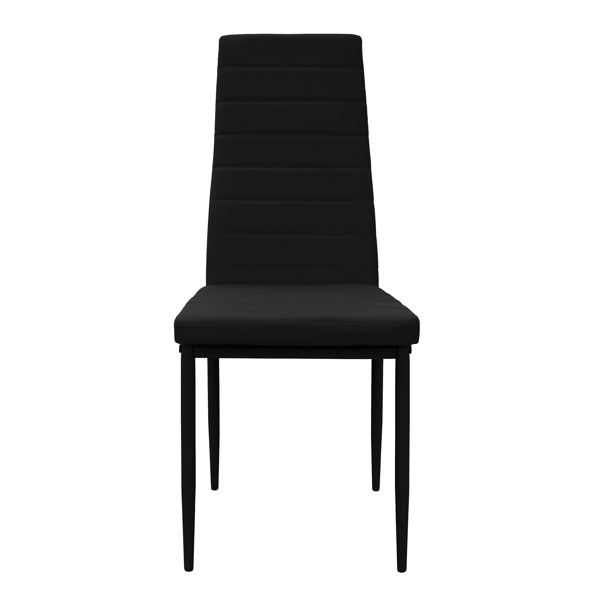 Sedia nera con schienale alto e rivestimento trapuntato, su quattro gambe.
