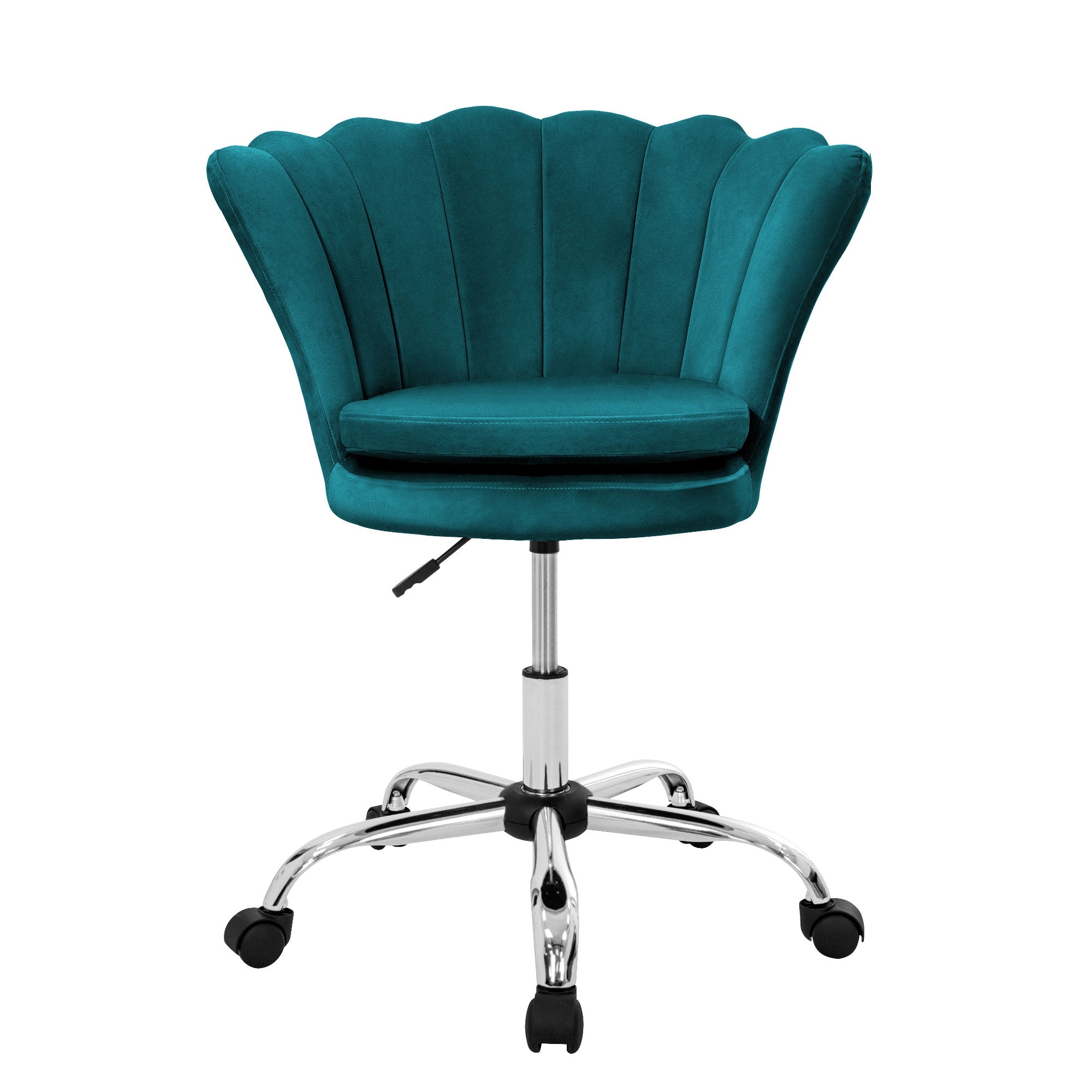 Vooraanzicht van een turquoise bureaustoel met een bloemvormige rugleuning op een rolonderstel.