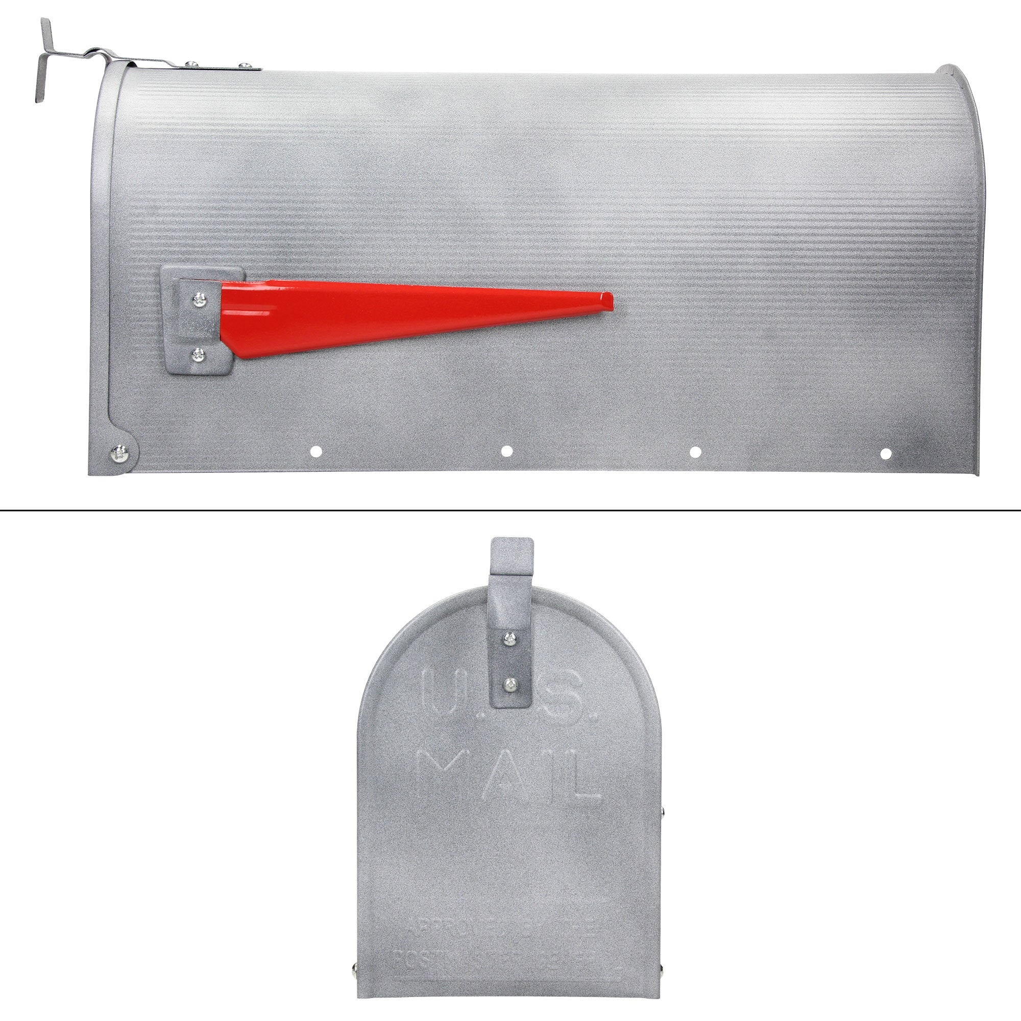 Metallbriefkasten in Silber mit rotem Fahnenarm.