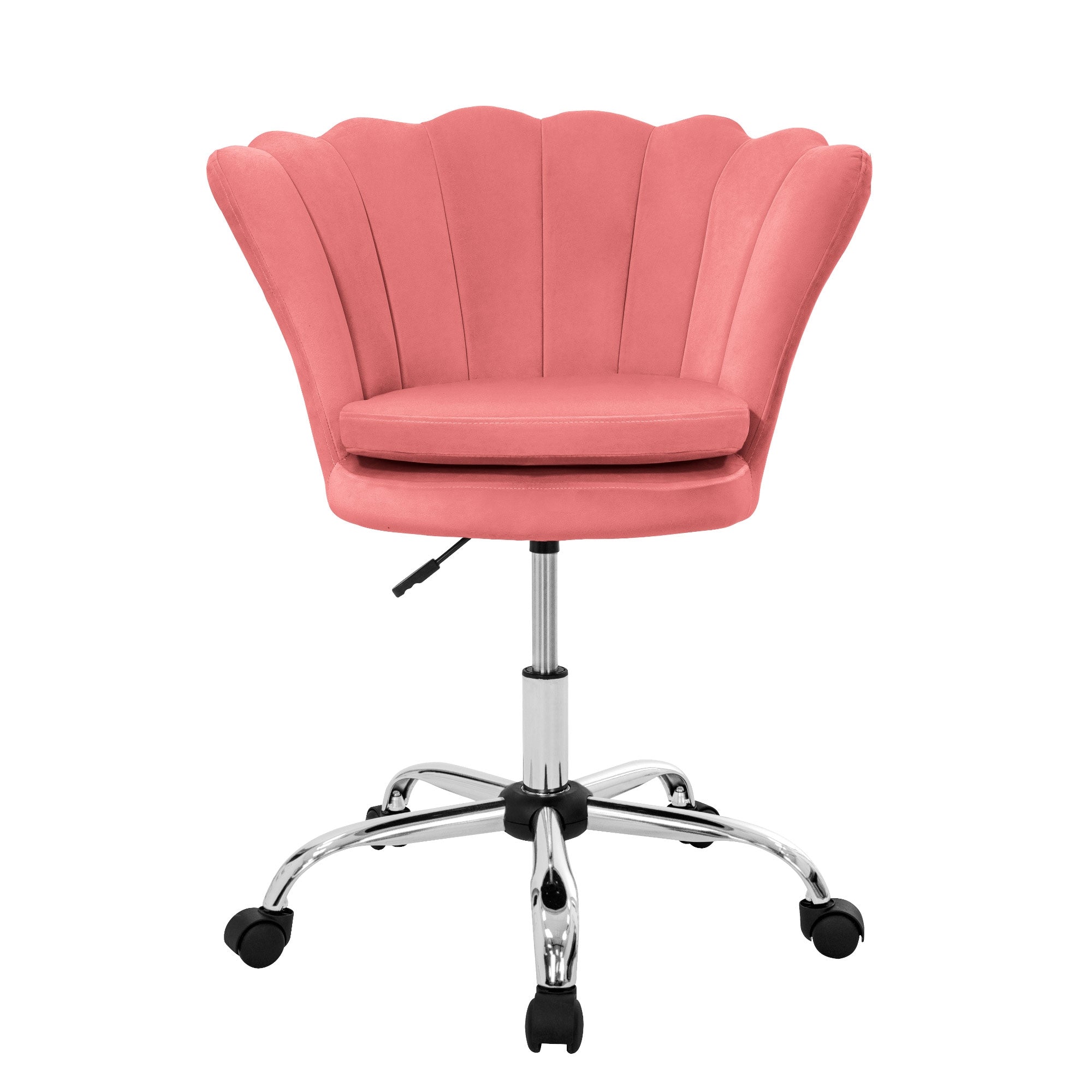 Vooraanzicht van een roze bureaustoel met een chroomkleurige basis en wielen.