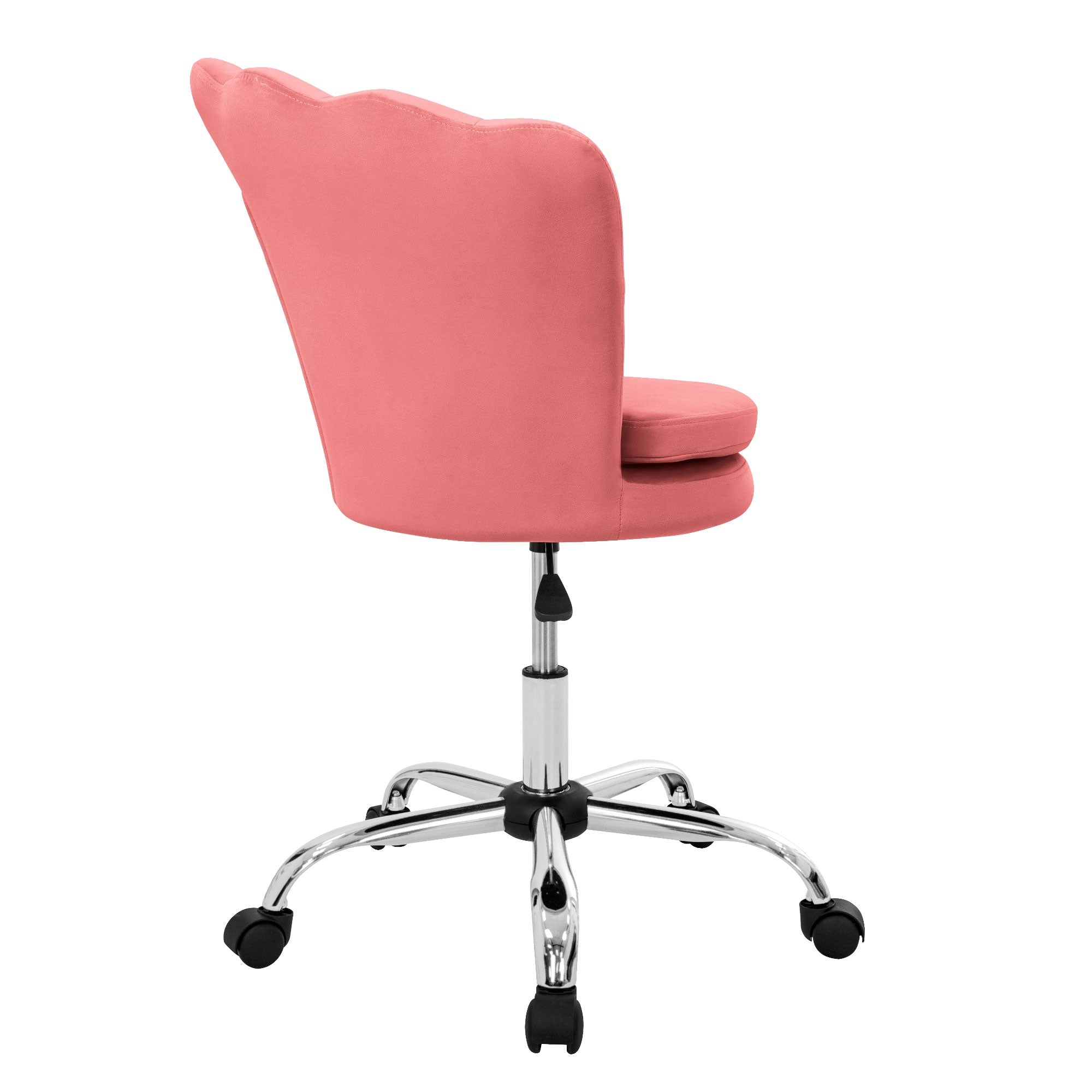 Vue de dos d'une chaise de bureau rose avec des roulettes.