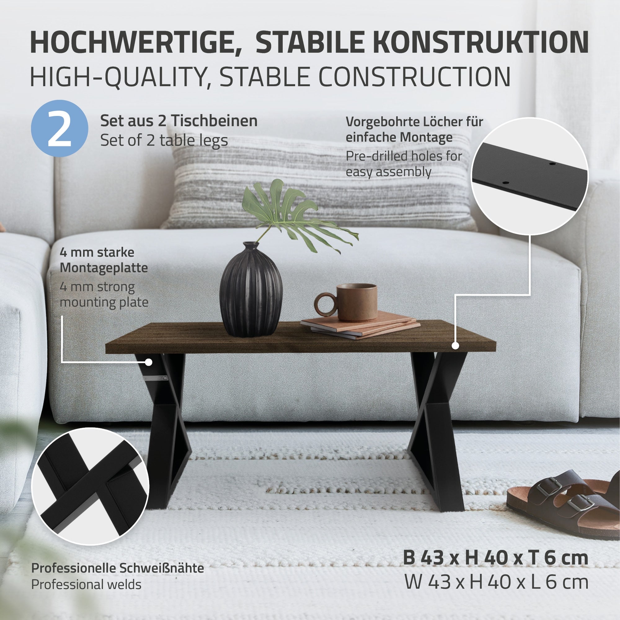 Kaffeetisch mit einer Pflanze und einem stabilen Tischgestell.