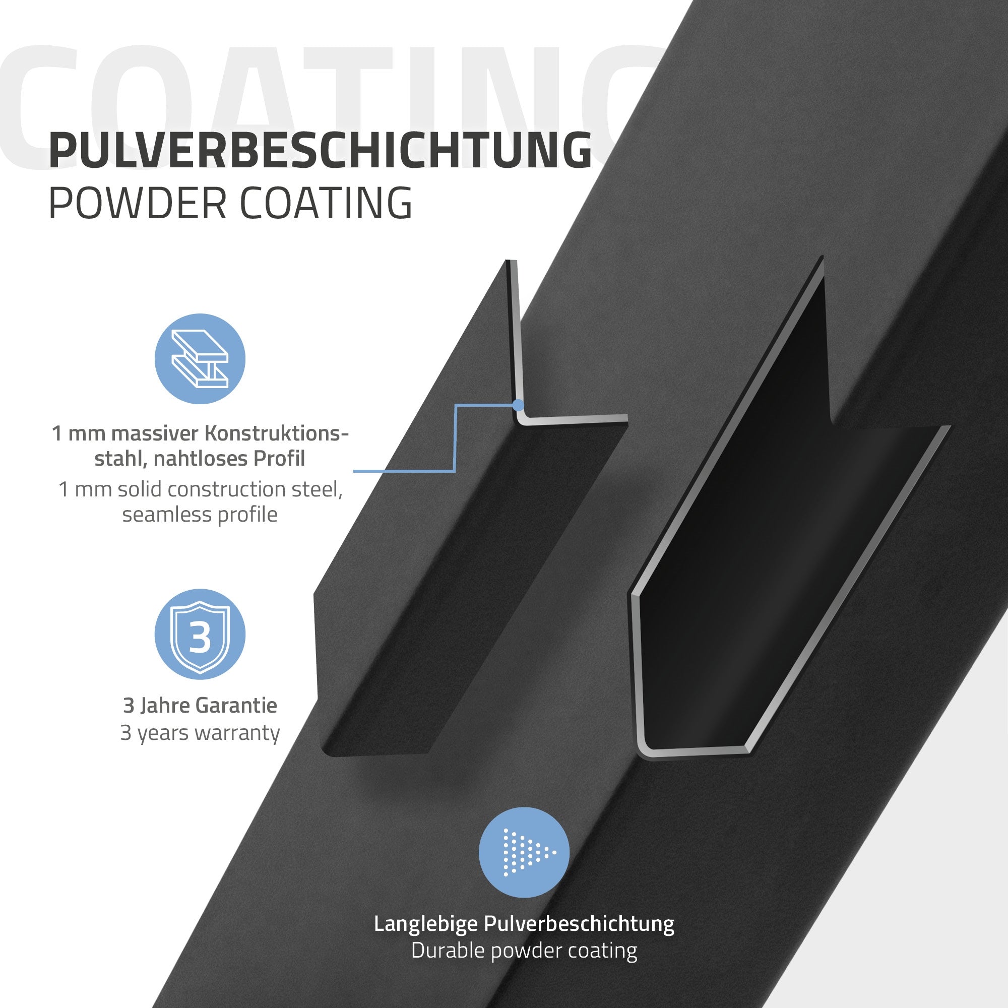 Detailansicht eines schwarzen Profils mit Informationen zur Pulverbeschichtung.