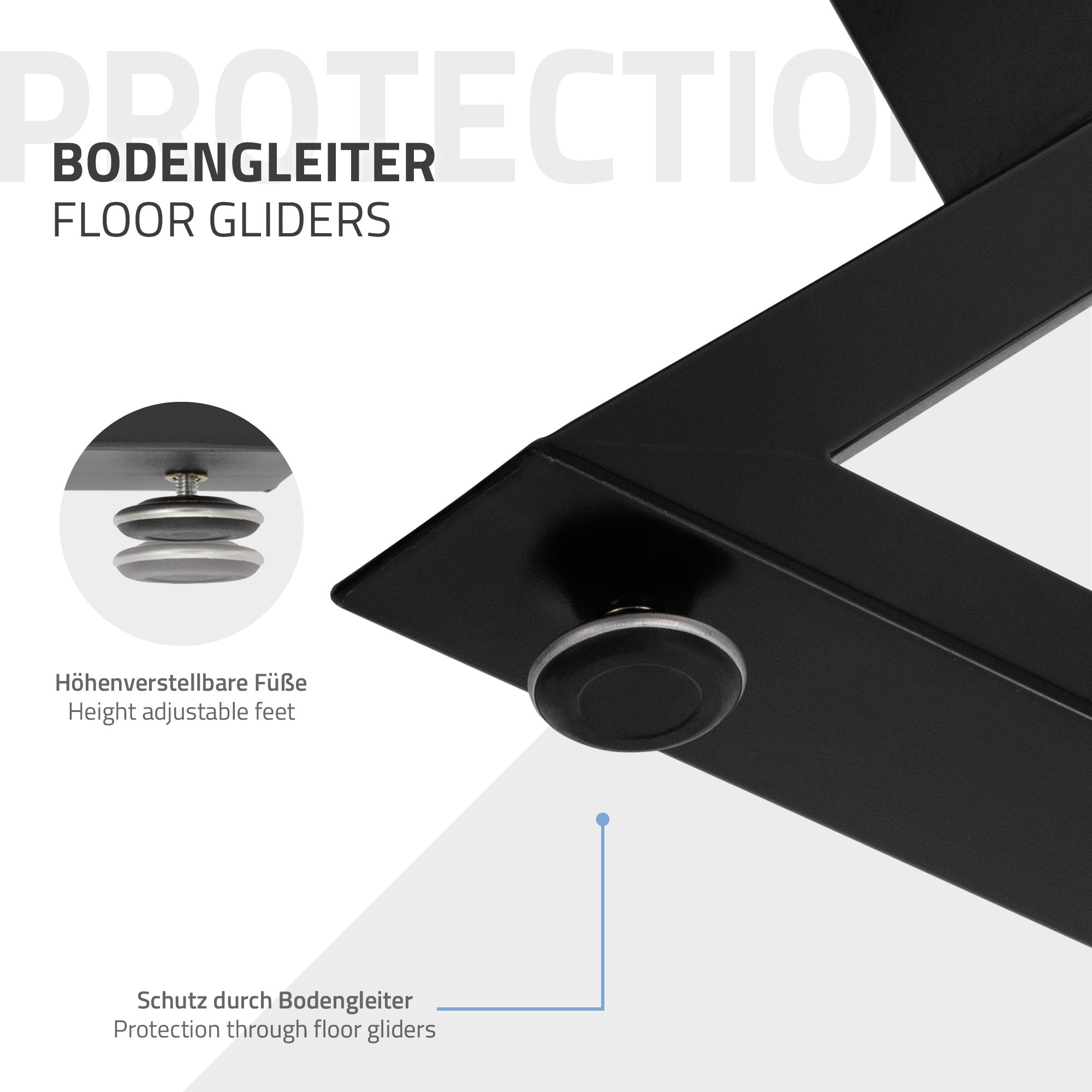Bodenleiste mit höhenverstellbaren Füßen und Schutz durch Bodengleiter.