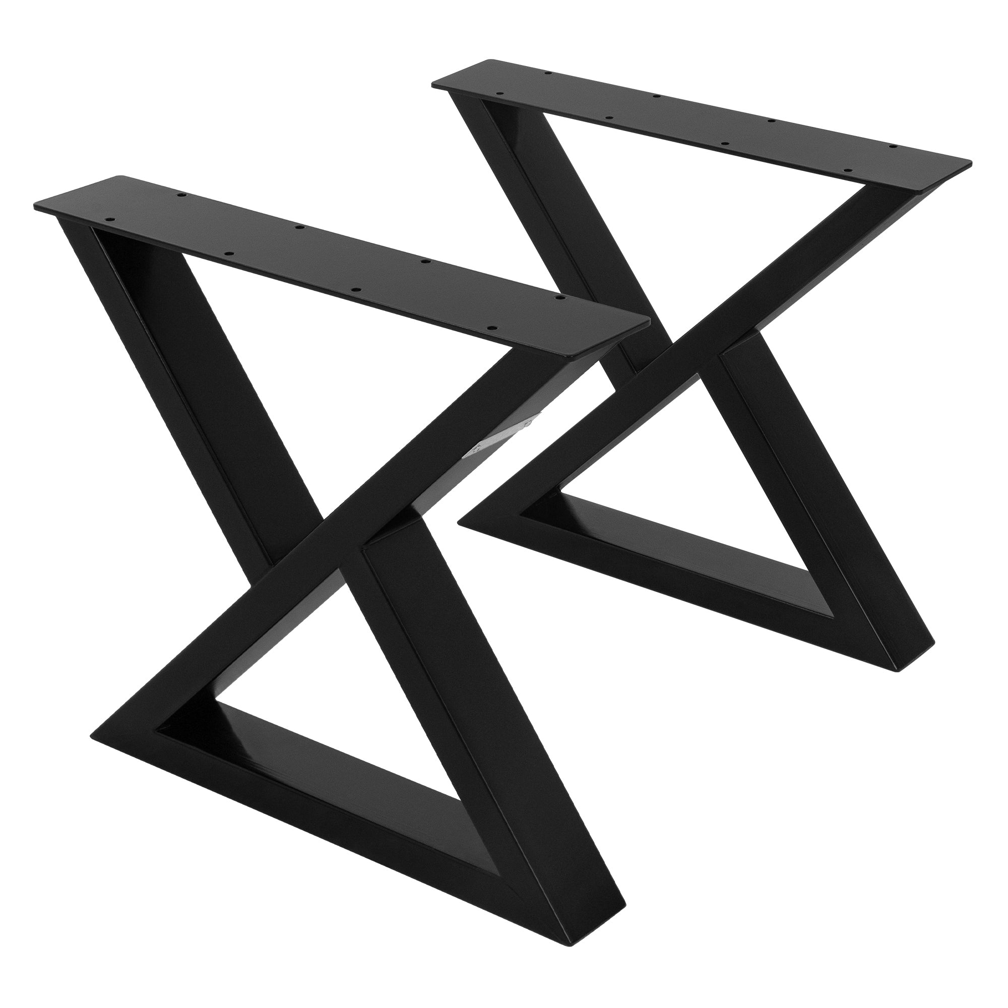Zwei schwarze Tischgestelle in X-Form, auf weißem Hintergrund.