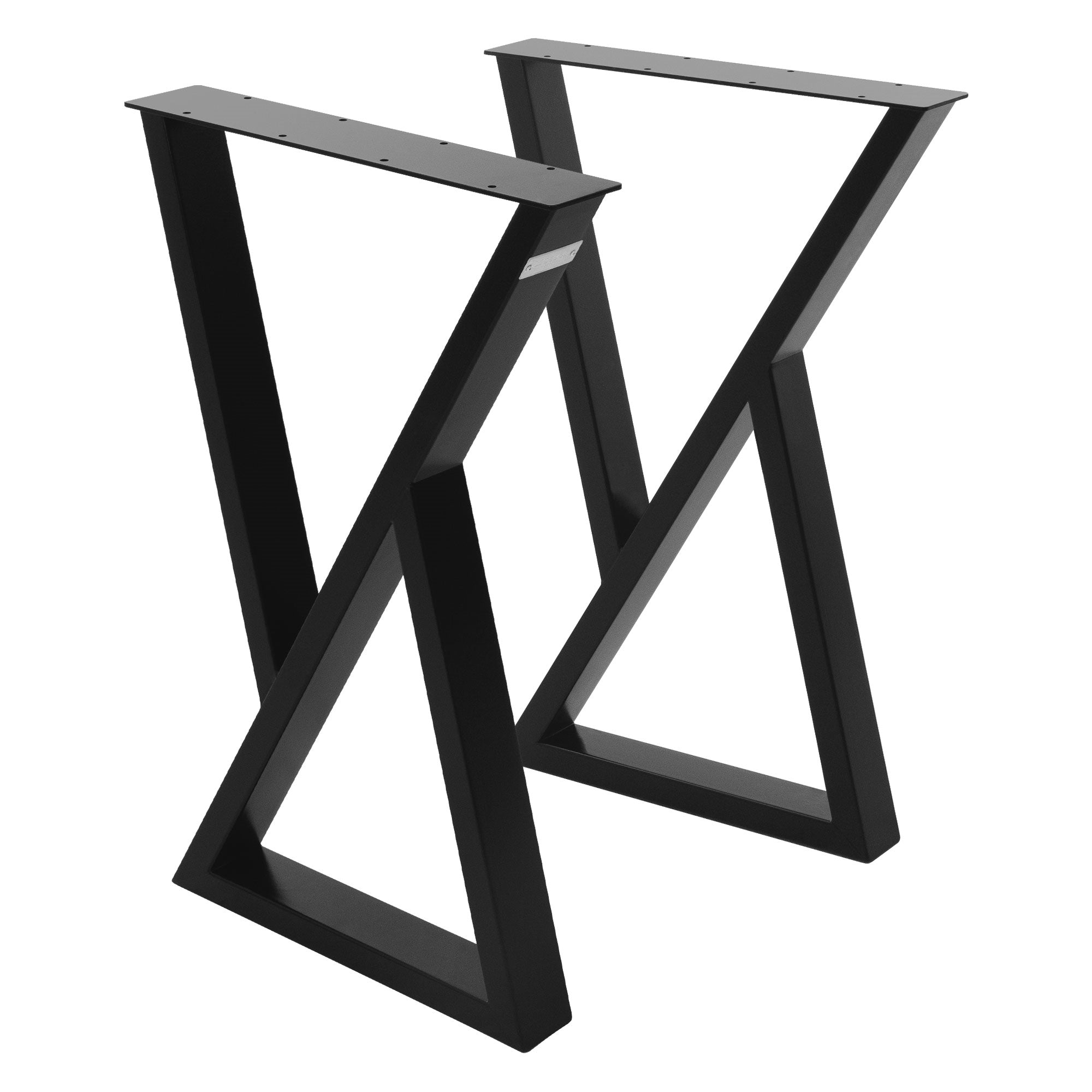 Zwei schwarze Tischbeine in X-Form auf weißem Hintergrund.