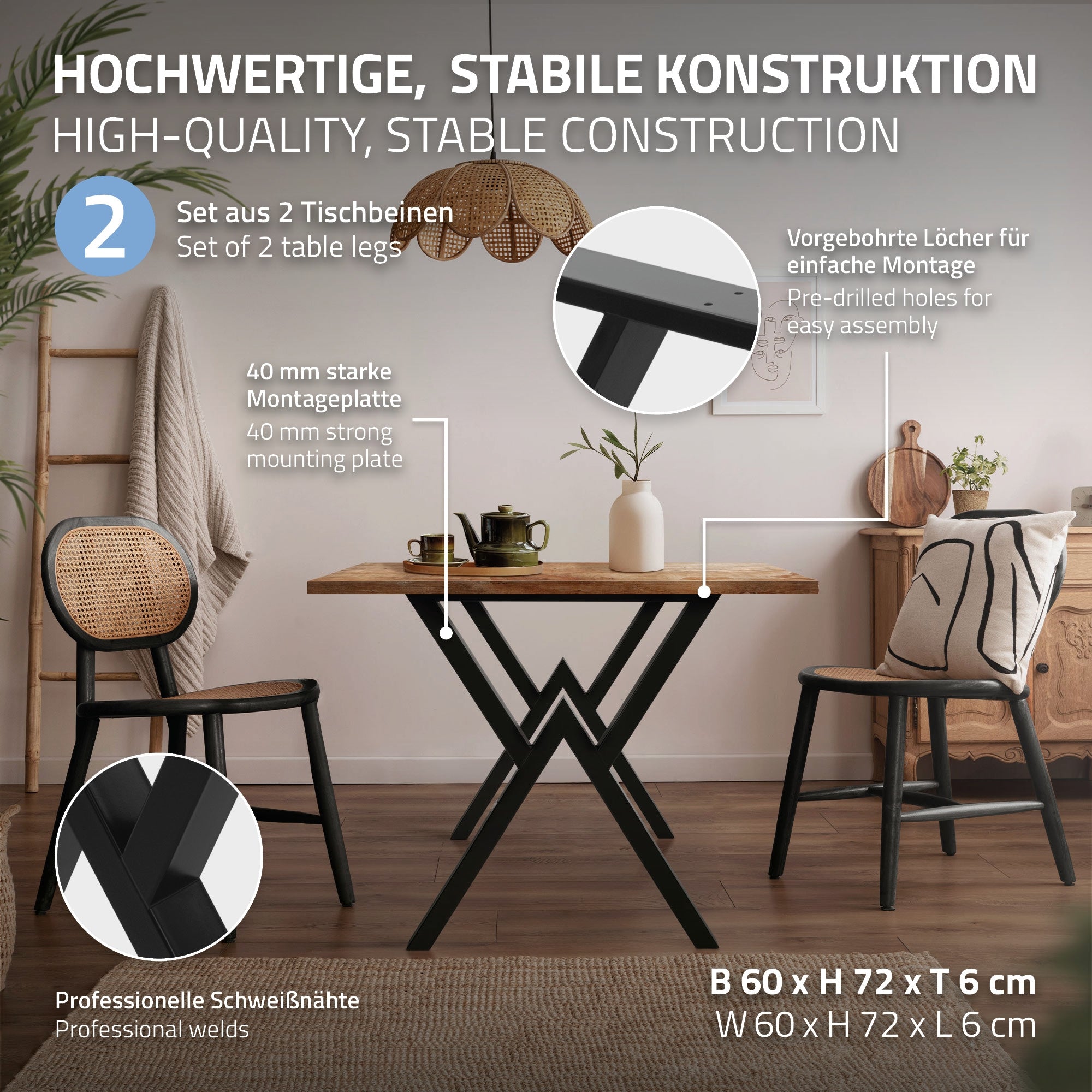 Ein Set aus zwei Tischbeinen mit Montagehinweisen und Maßangaben.