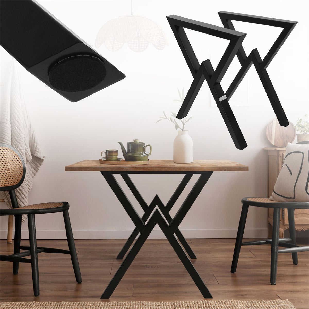 A table with a black frame and wooden top, surrounded by chairs in a modern room.