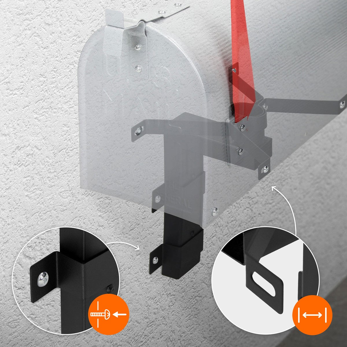 Close-up of a bracket on a wall with dimensions shown.