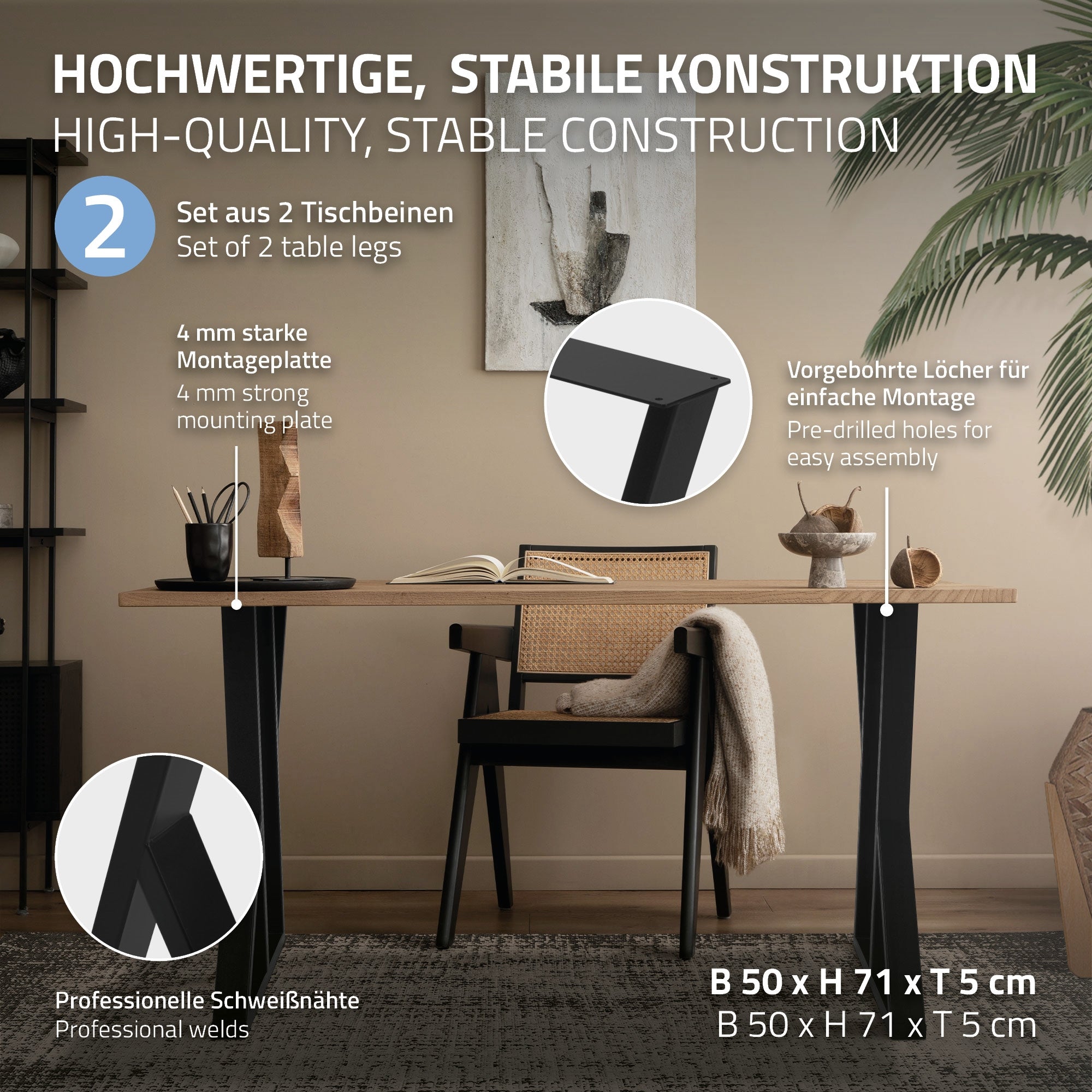 Detailansicht von Tischbeinen mit Montageanleitung und Maßen.