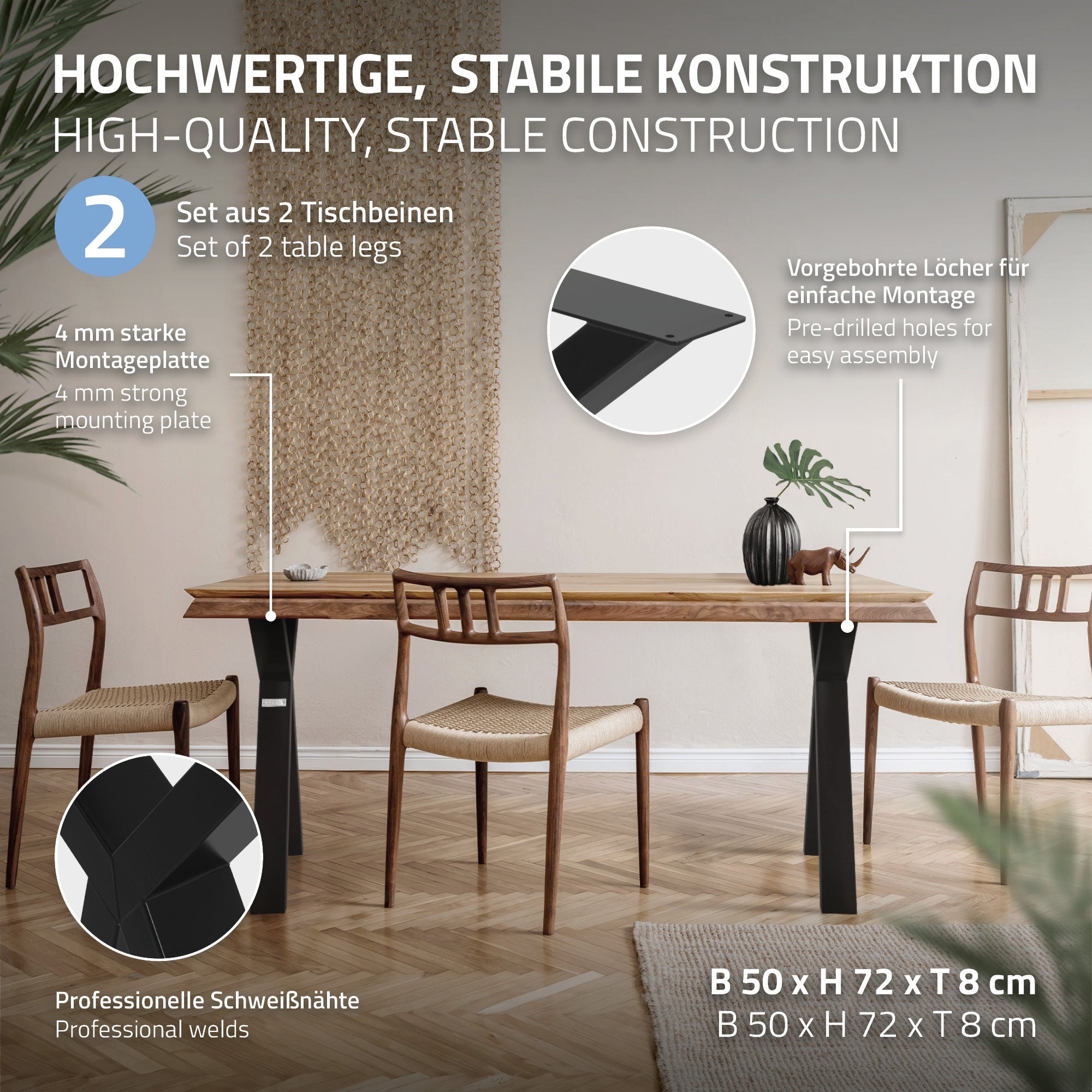 Detailansicht eines Tischbeins mit Montageanleitung und Maßen.