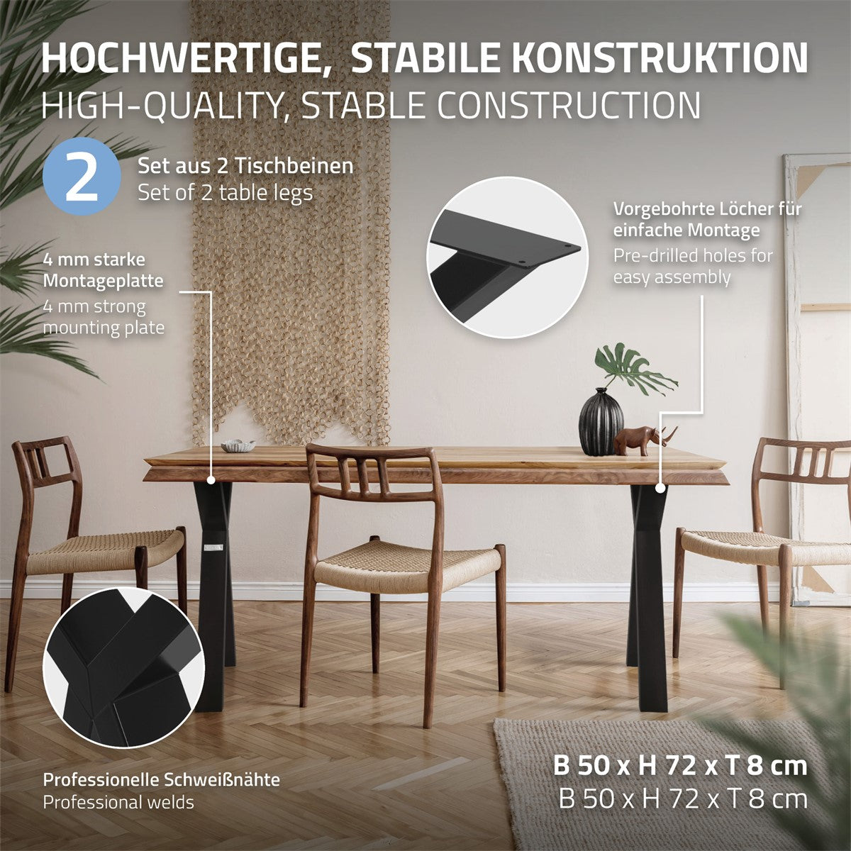 Detaljvy av ett bordsben med monteringsanvisningar och mått.