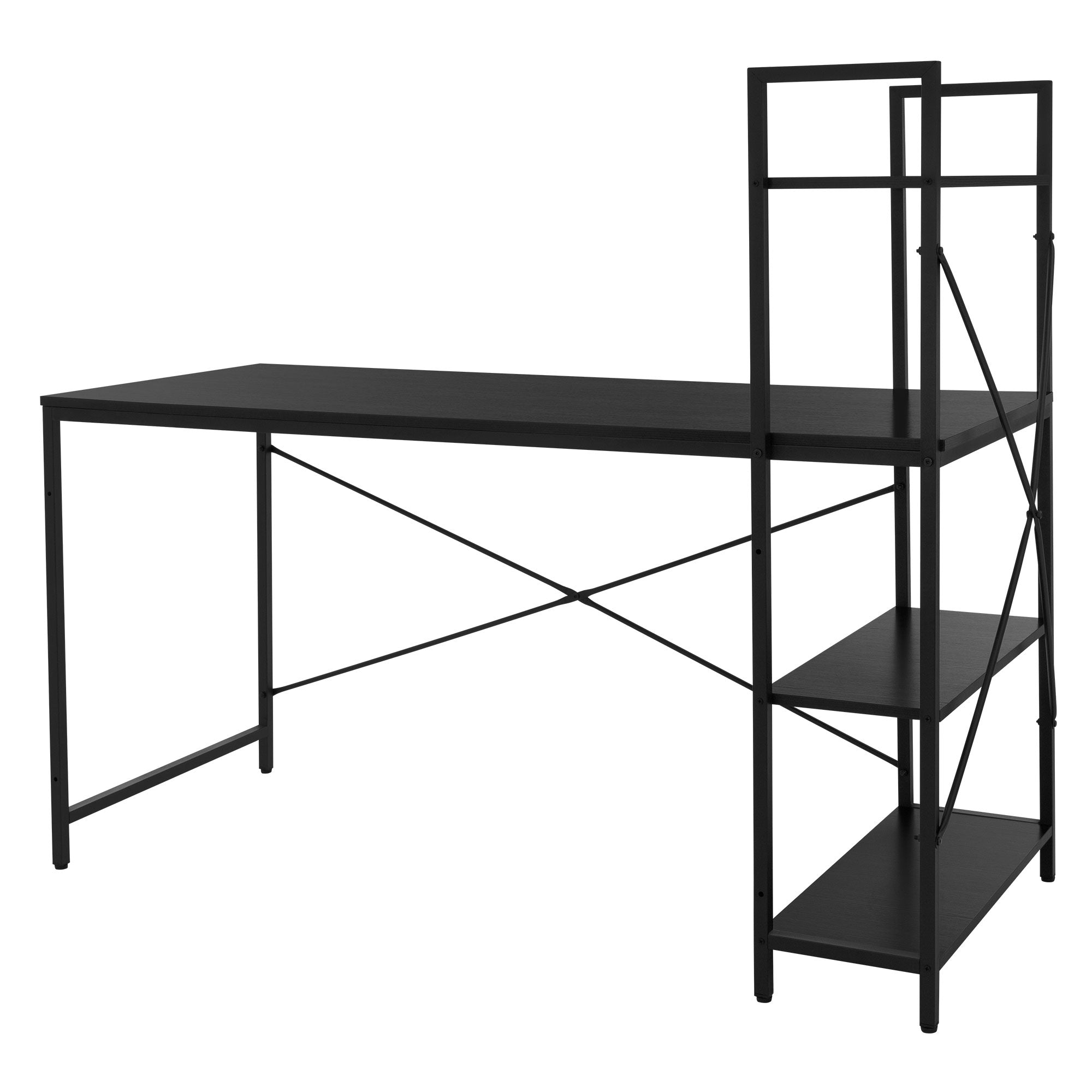 Una scrivania nera con scaffali e un design chiaro e moderno.