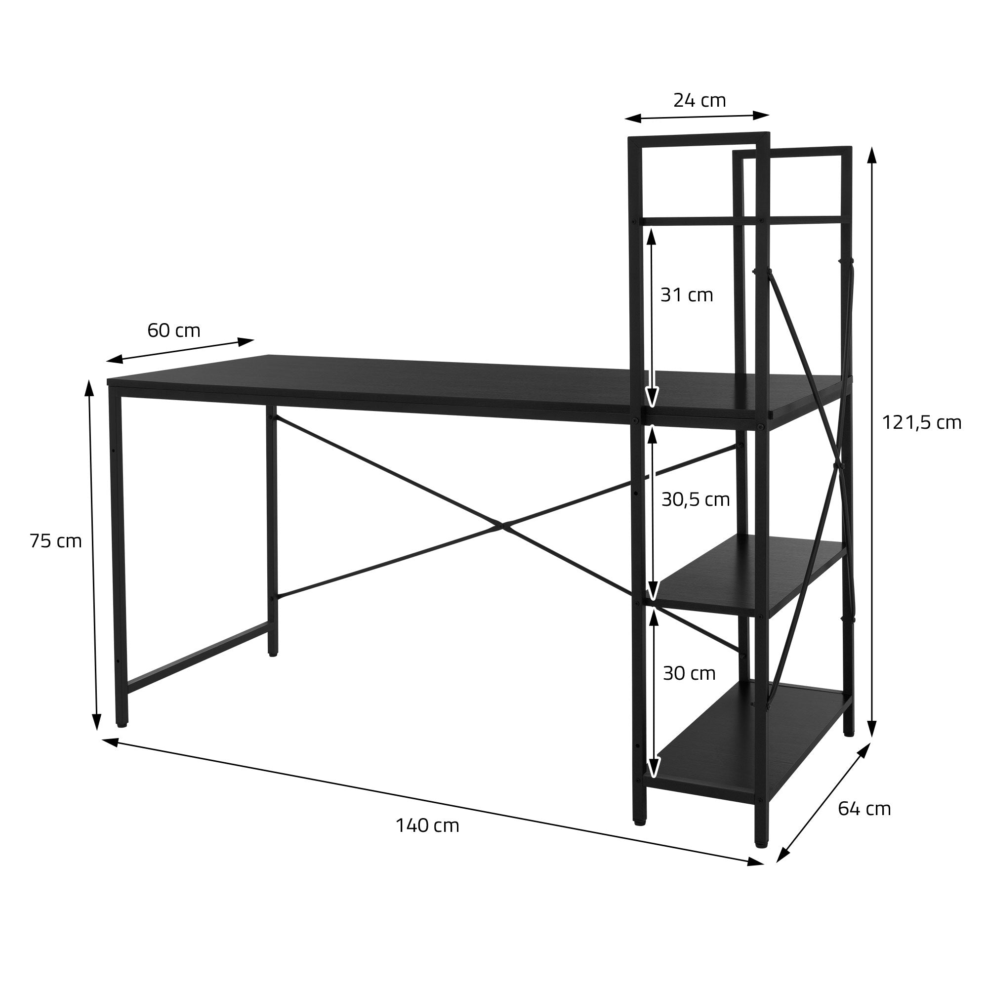 Disegno di una scrivania con scaffali.