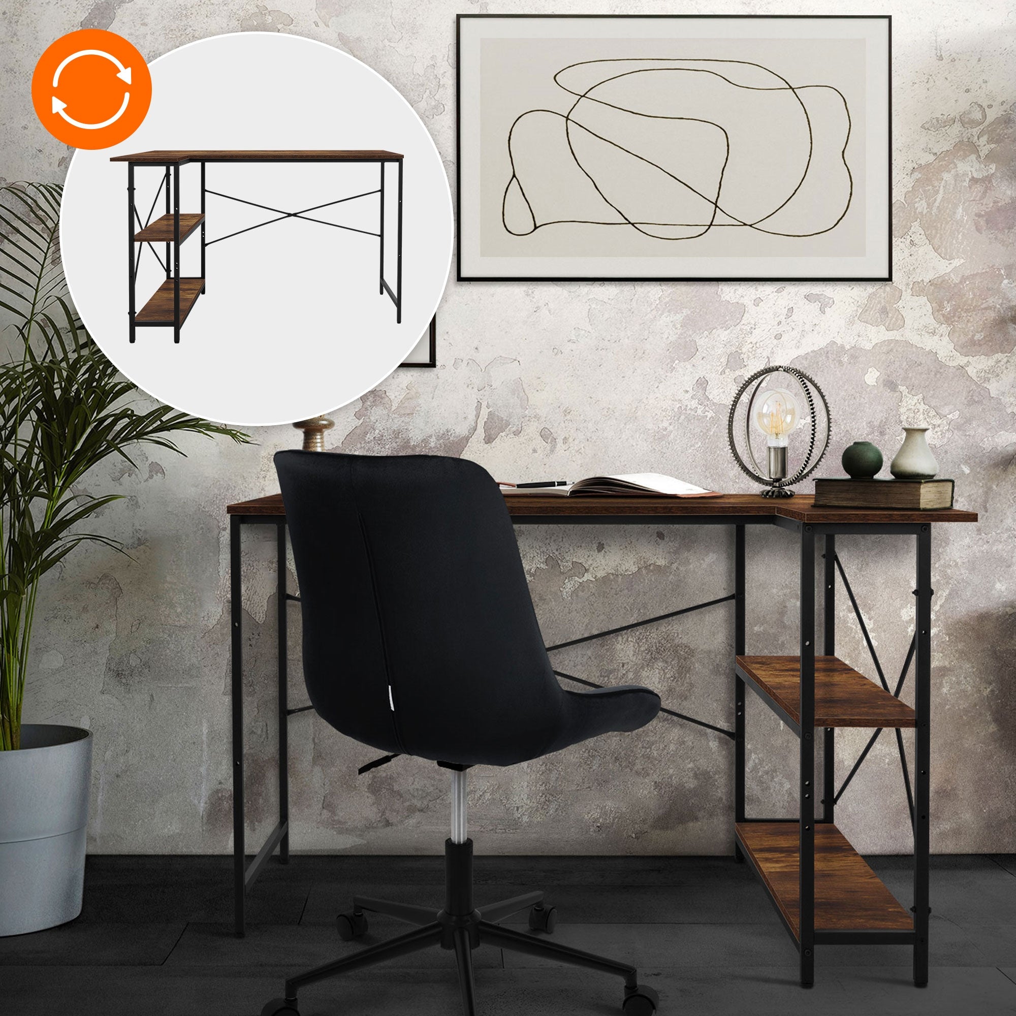 Desk with a chair, lamp, and plants on a shelf.