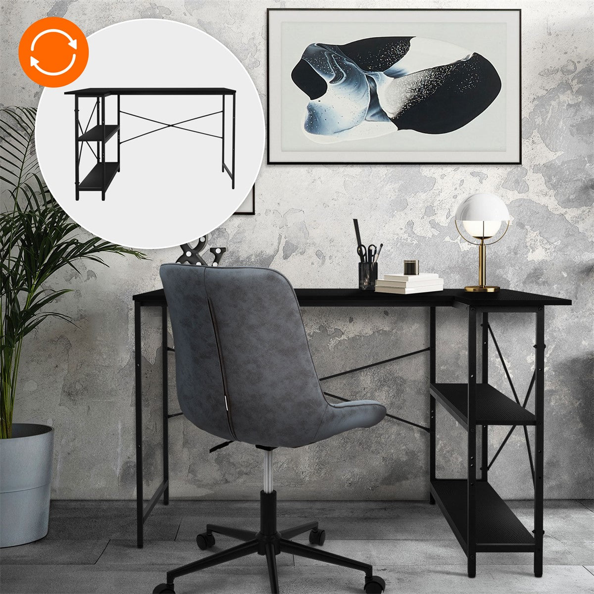 Schreibtisch mit schwarzem Gestell, grauem Stuhl und Wandbild im Hintergrund.