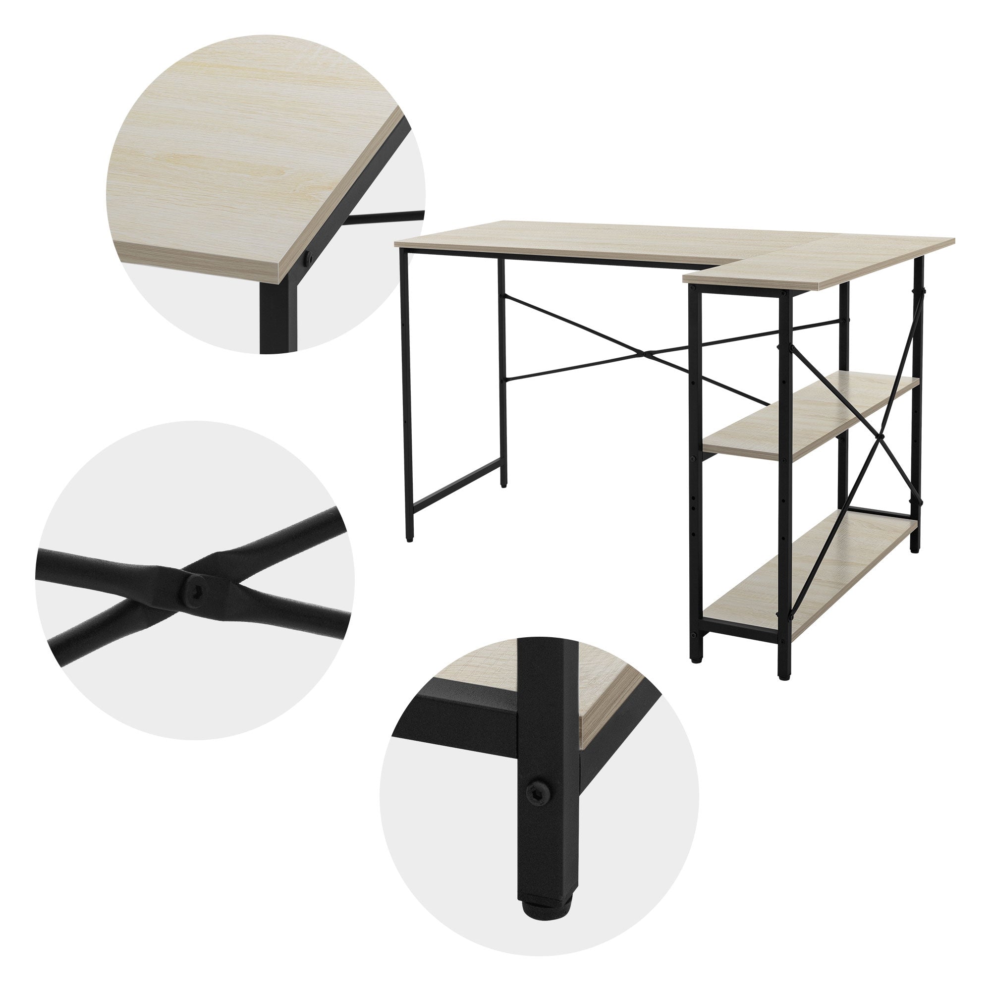 Bureau avec surfaces en bois clair et cadre noir, vue détaillée.