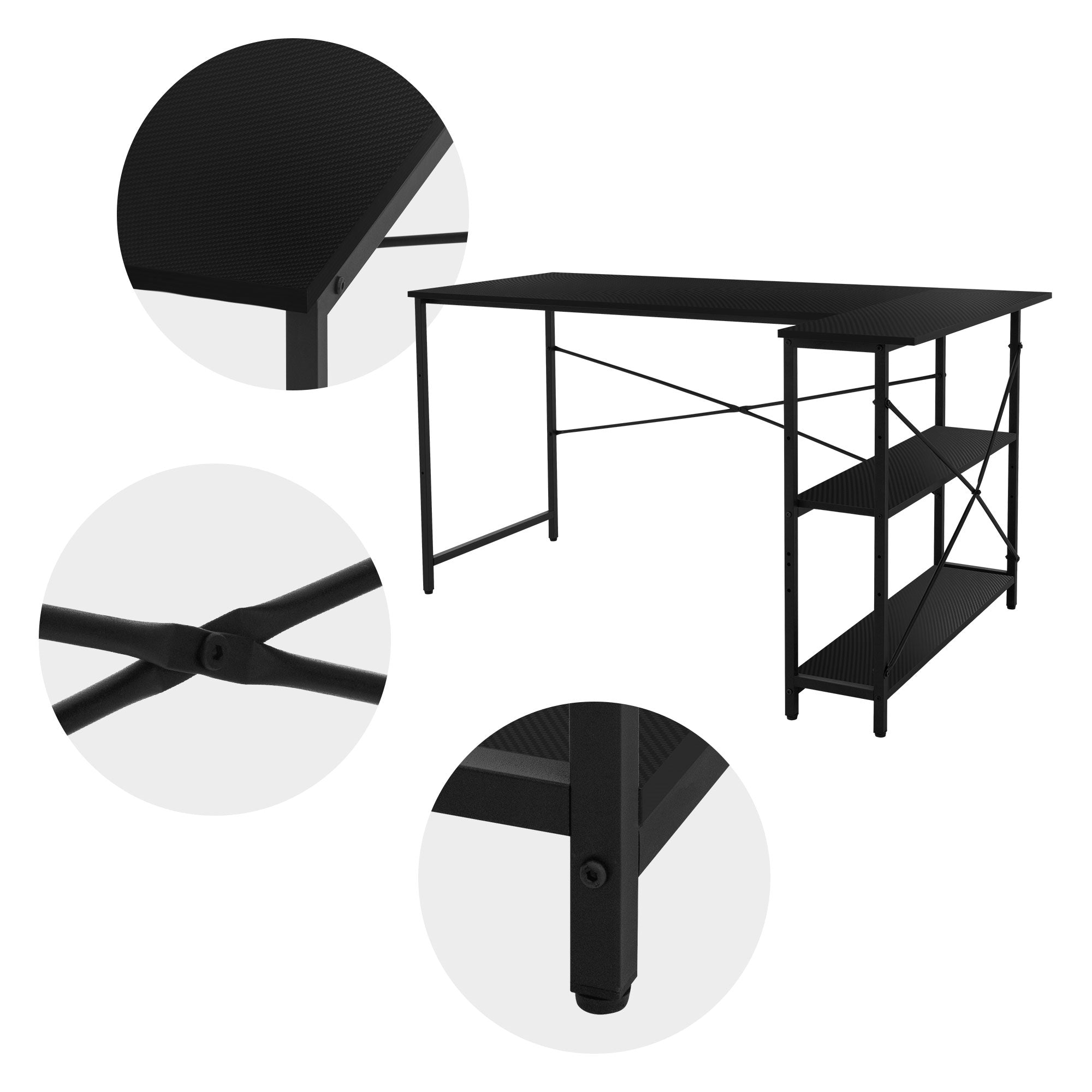 Black table with rounded corners and two storage surfaces.