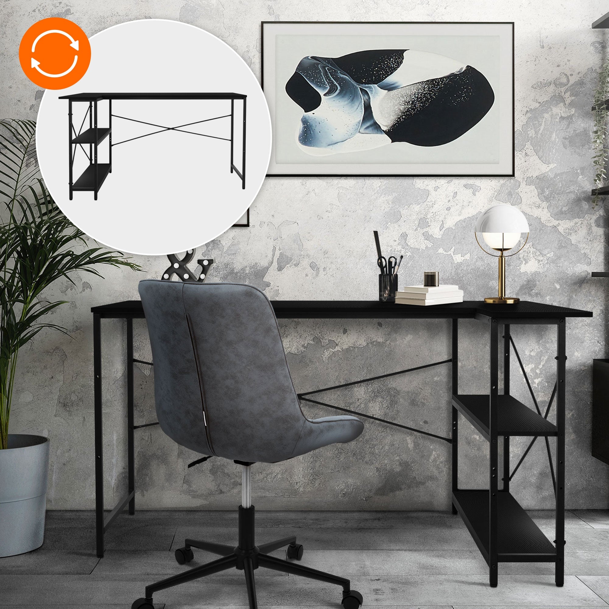 Desk with chair, artwork on the wall, plants, and table lamp.