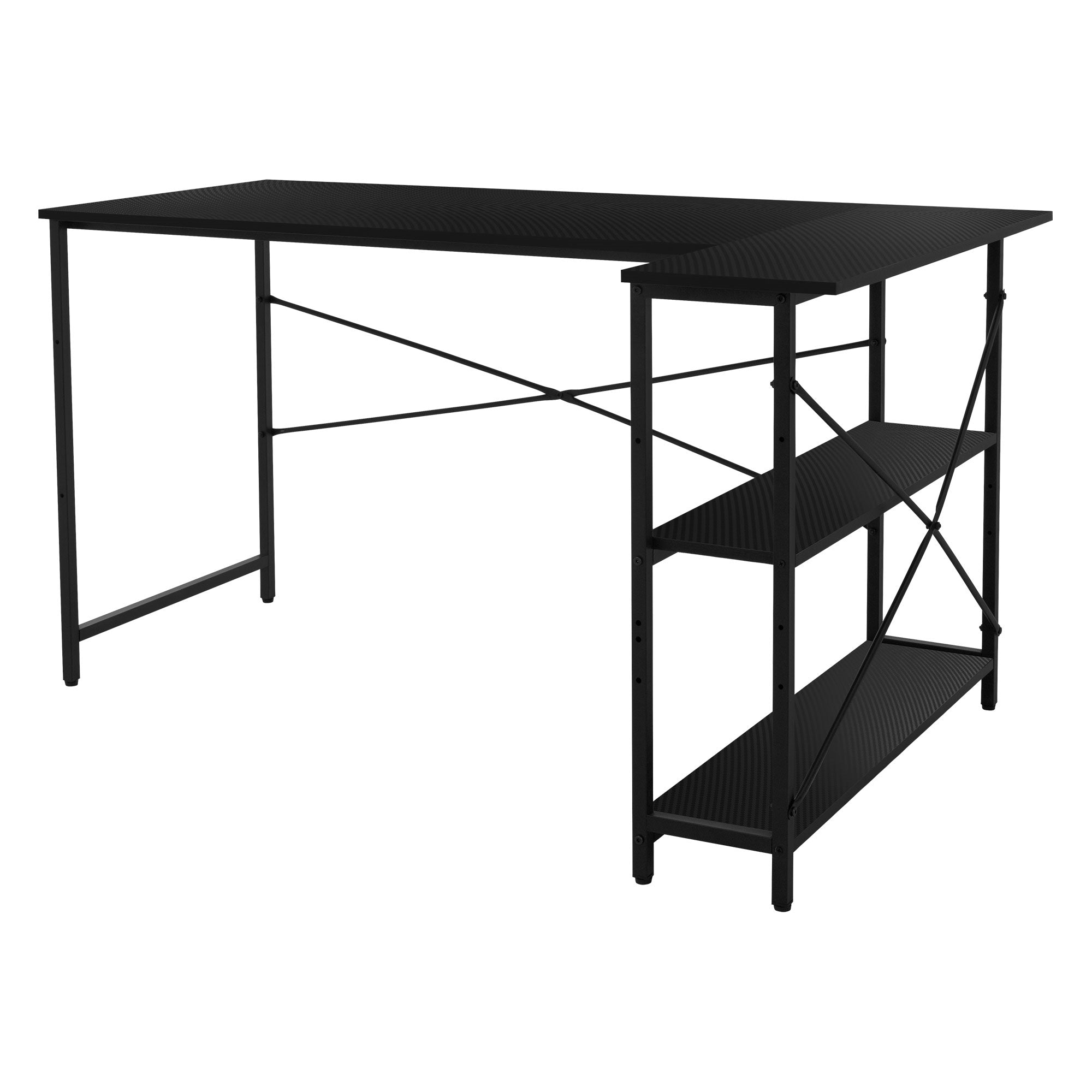 Black desk with two shelves and sturdy legs.
