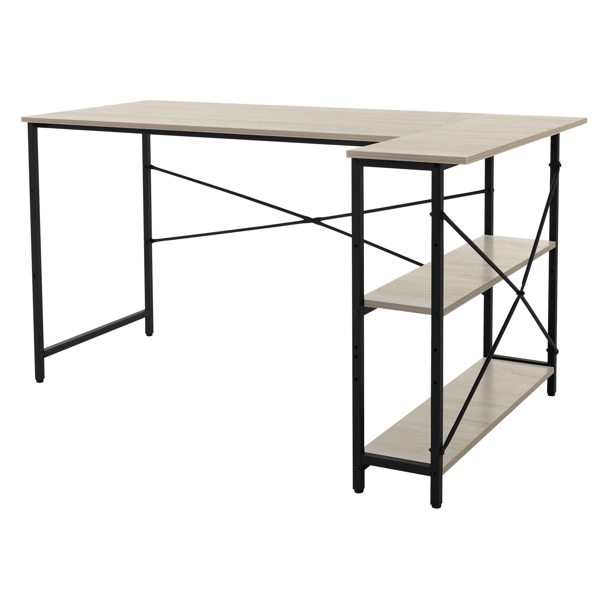 A desk with a wooden surface and black frame, with two shelves.