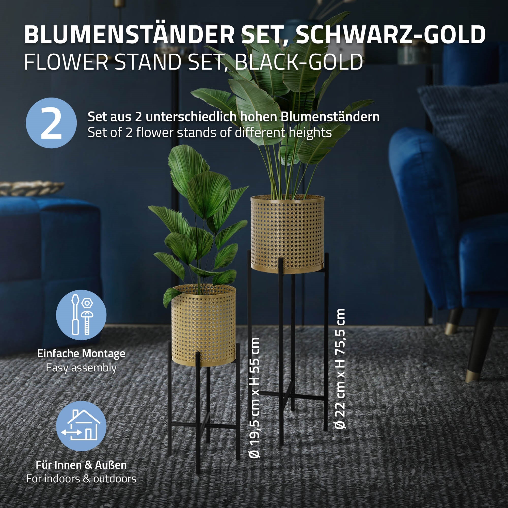 Zwei Blumenständer in Schwarz-Gold mit Pflanzen, unterschiedlich hoch.
