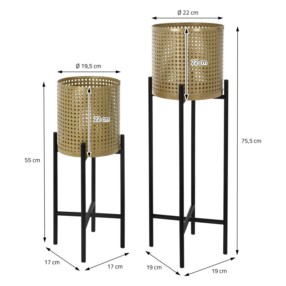 Due portapiante in metallo con cestini dorati e gambe nere, con le dimensioni indicate.
