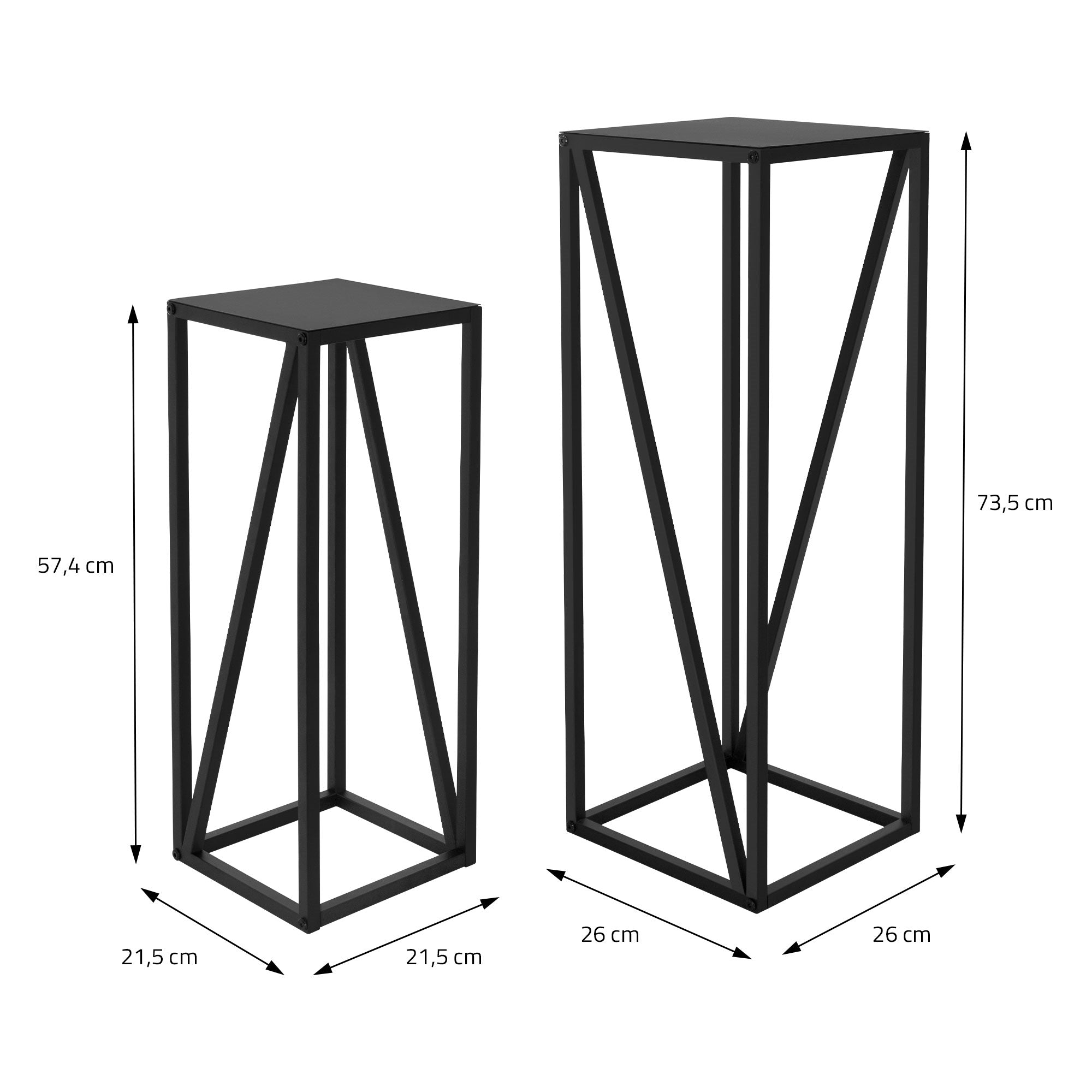 Dimension drawing for two black stands with square base.