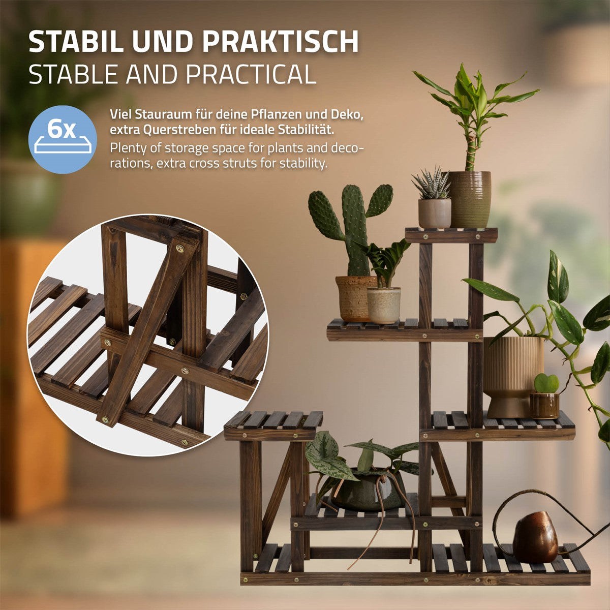 Regal aus Holz mit Pflanzen und Deko, stabil und praktisch.