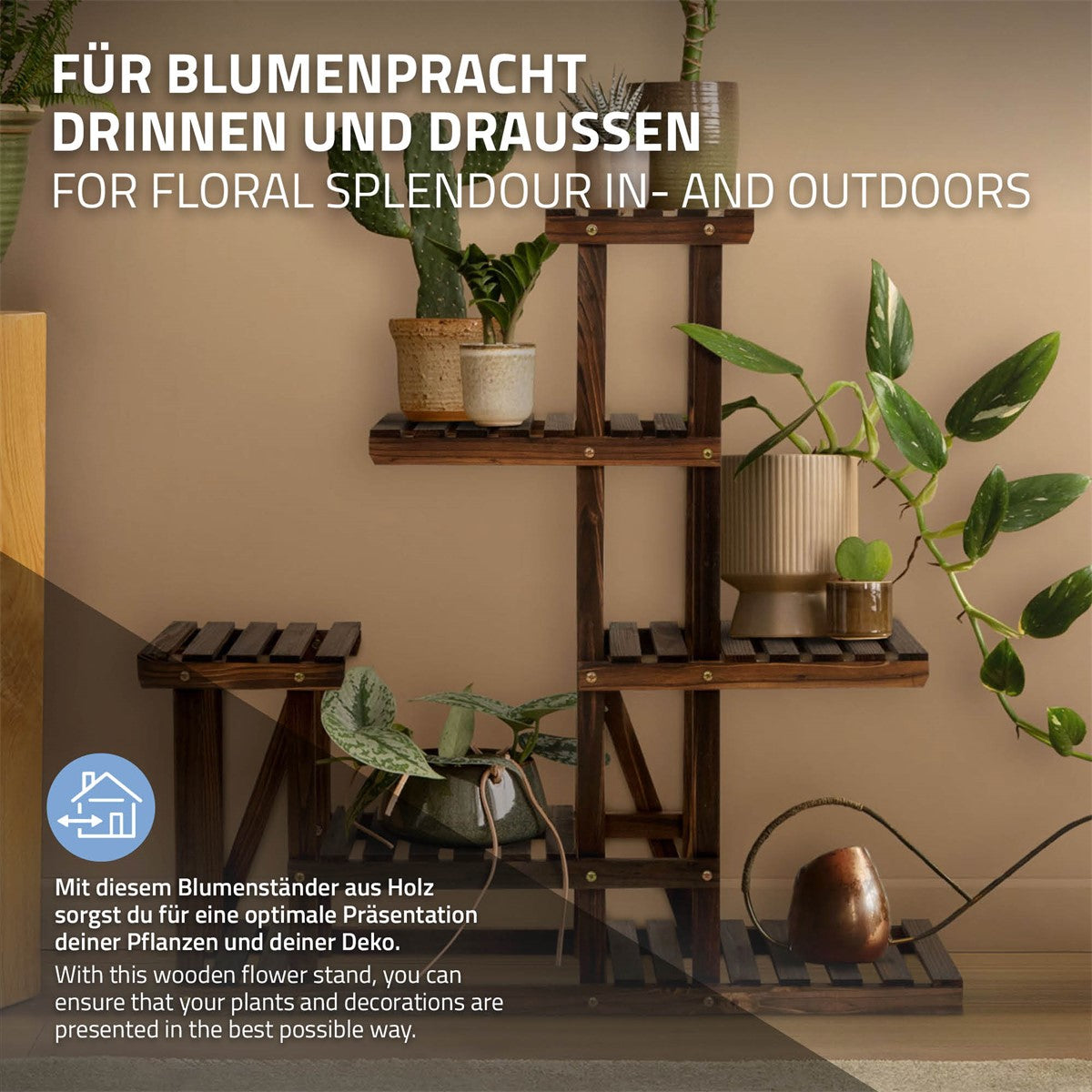 Holzregal mit Pflanzen, Beschreibung für Innen- und Außennutzung.