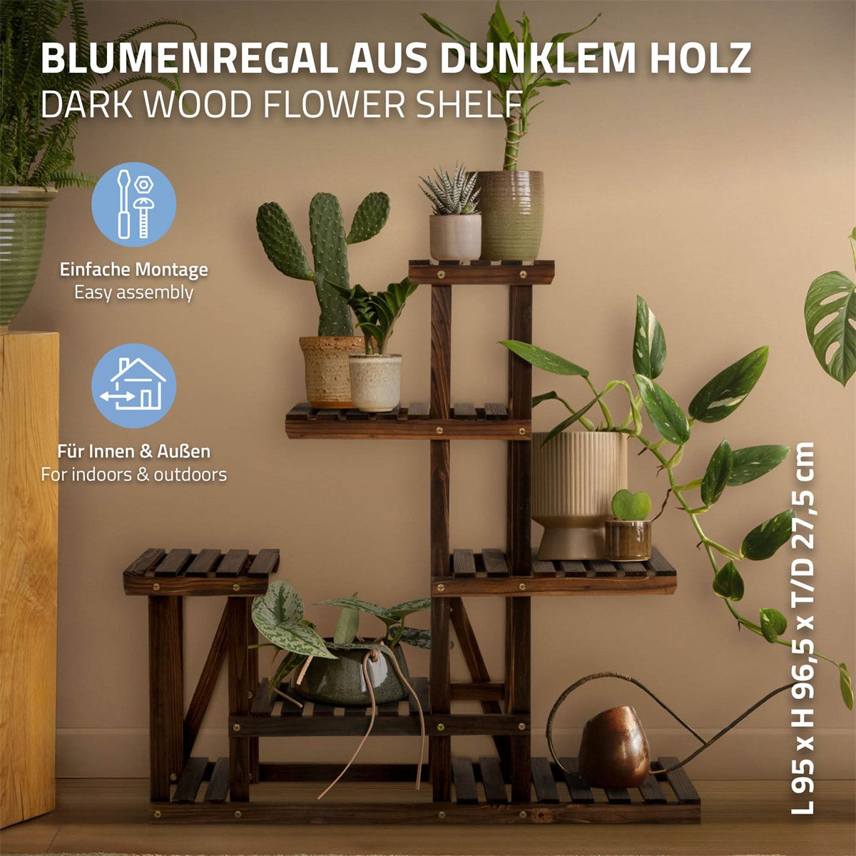 Blumenregal aus dunklem Holz, geeignet für Innen- und Außenbereich.