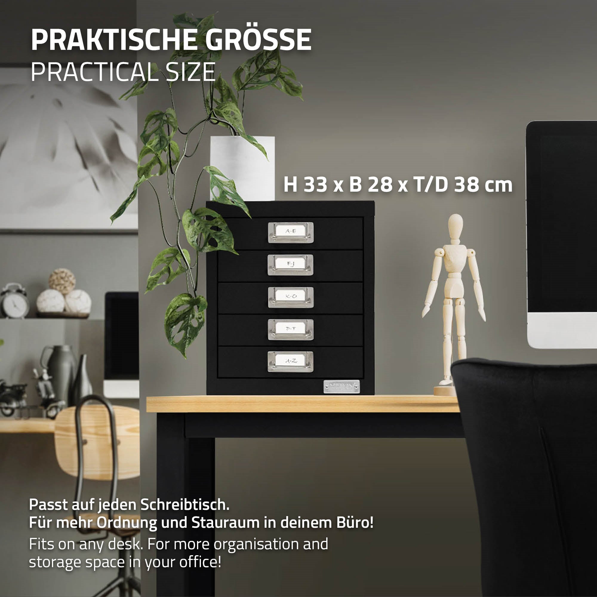 Schreibtisch mit schwarzem Aufbewahrungsschrank und Pflanze.