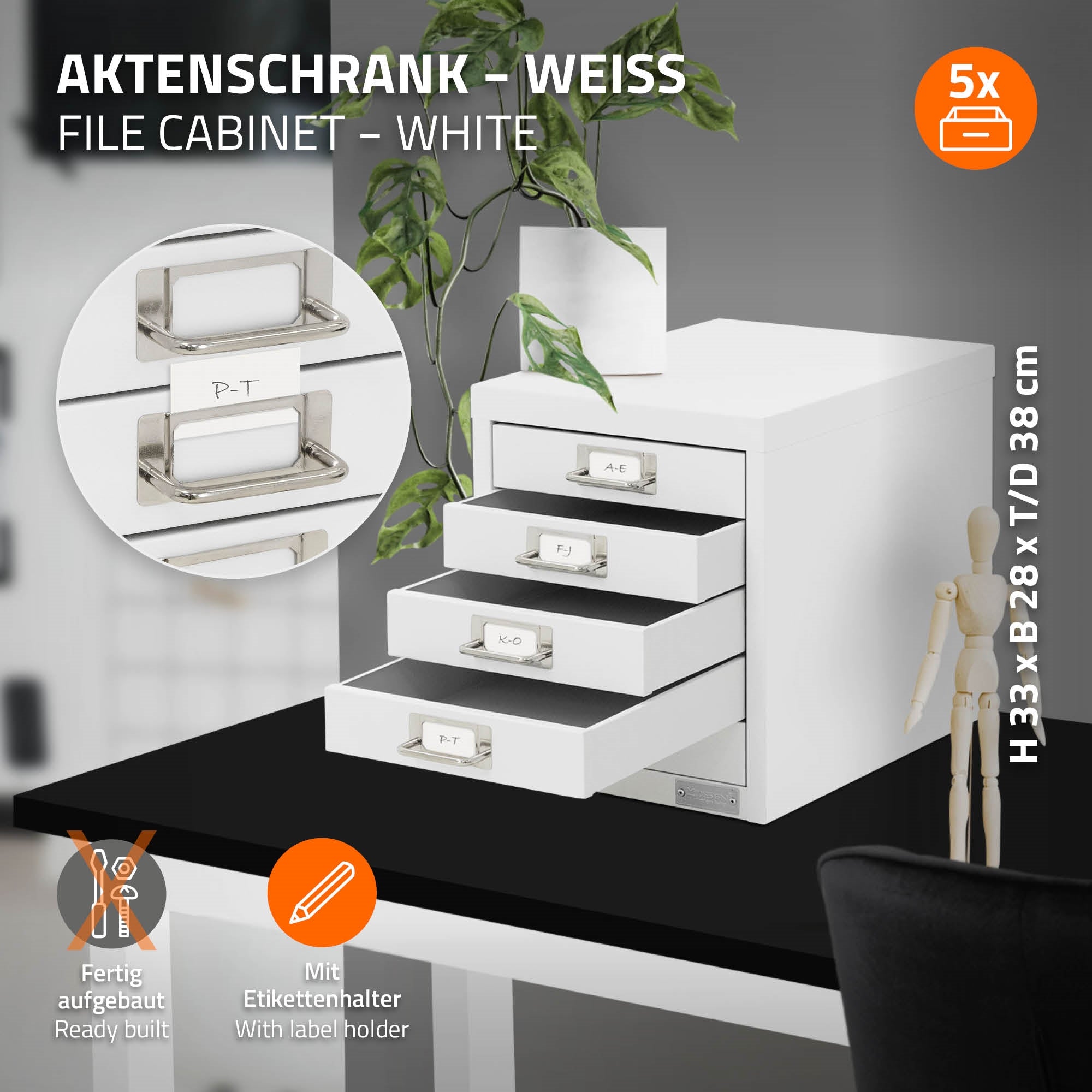 Weißer Aktenschrank mit vier Schubladen auf einem Tisch.