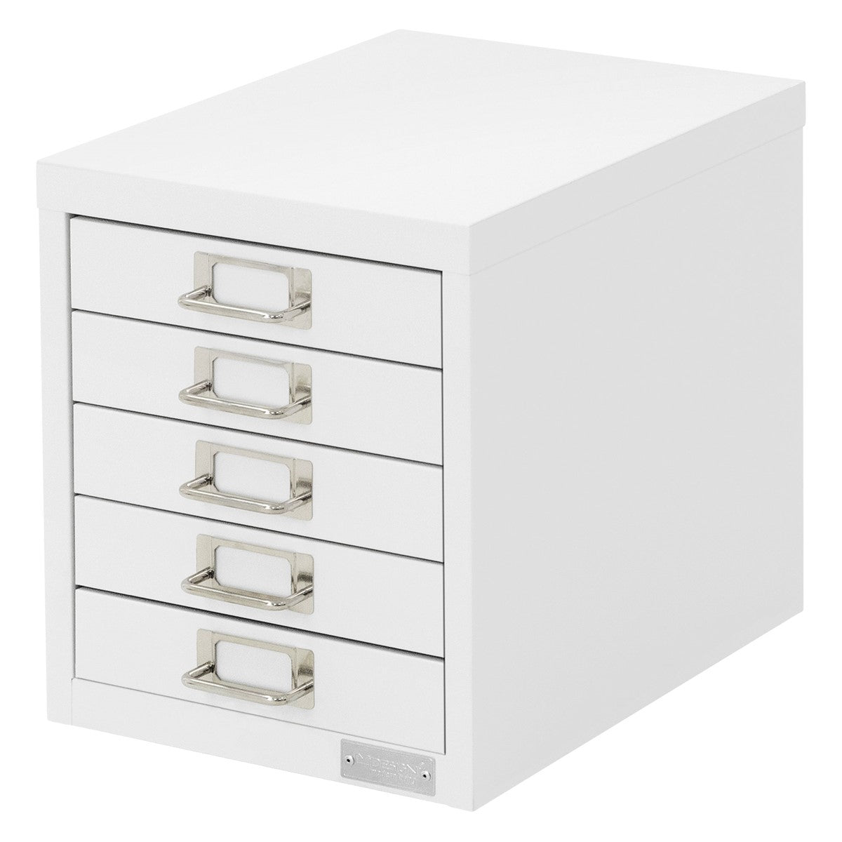 White storage cabinet with five drawers.