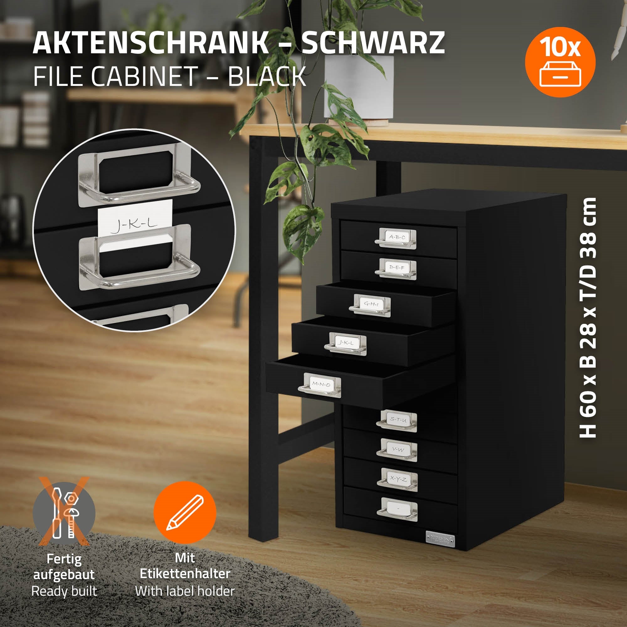 Schwarzer Aktenschrank mit Schubladen und Etikettenhaltern, bereit aufgebaut.