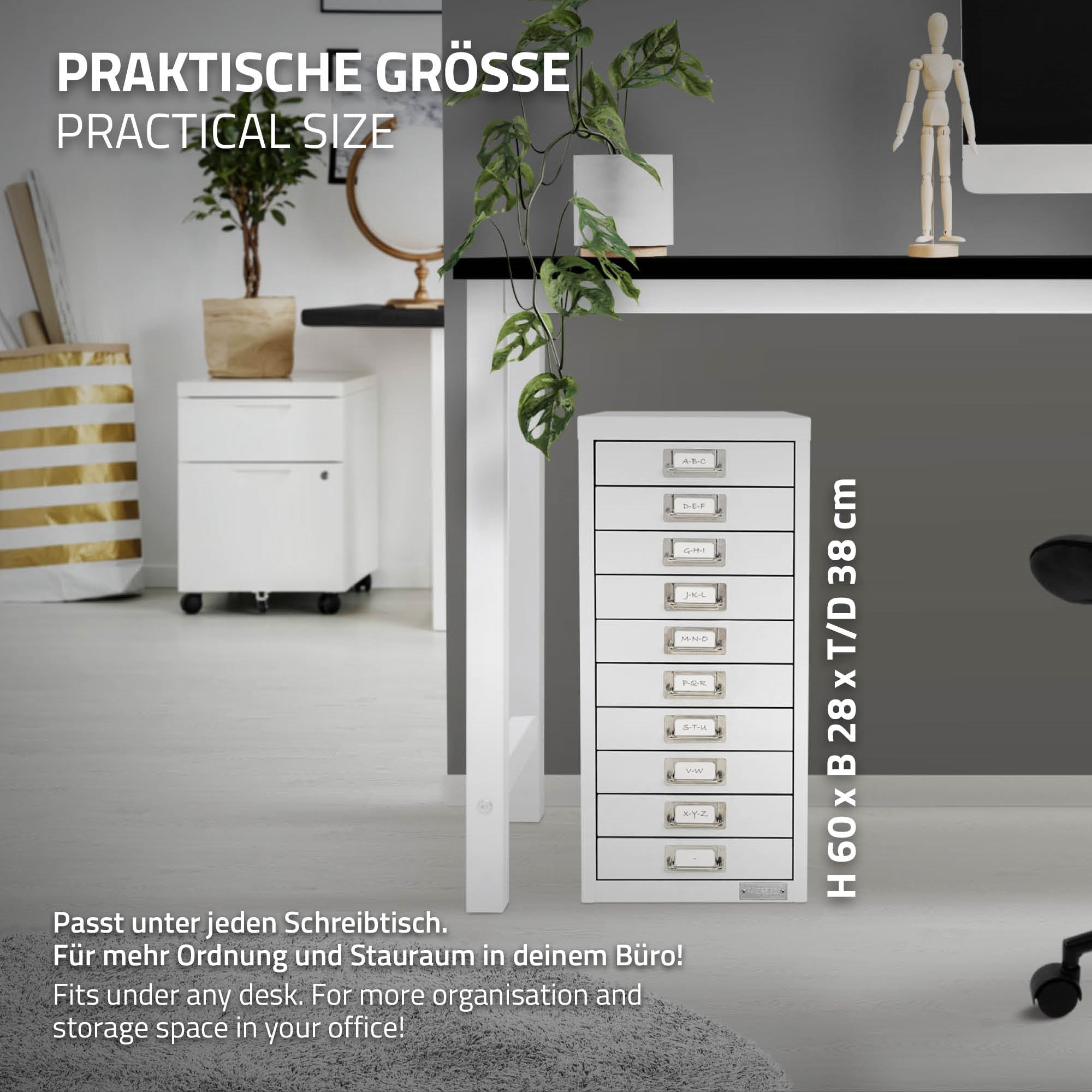 Weißer Schubladenschrank mit 10 Schubladen in einem modernen Büro.