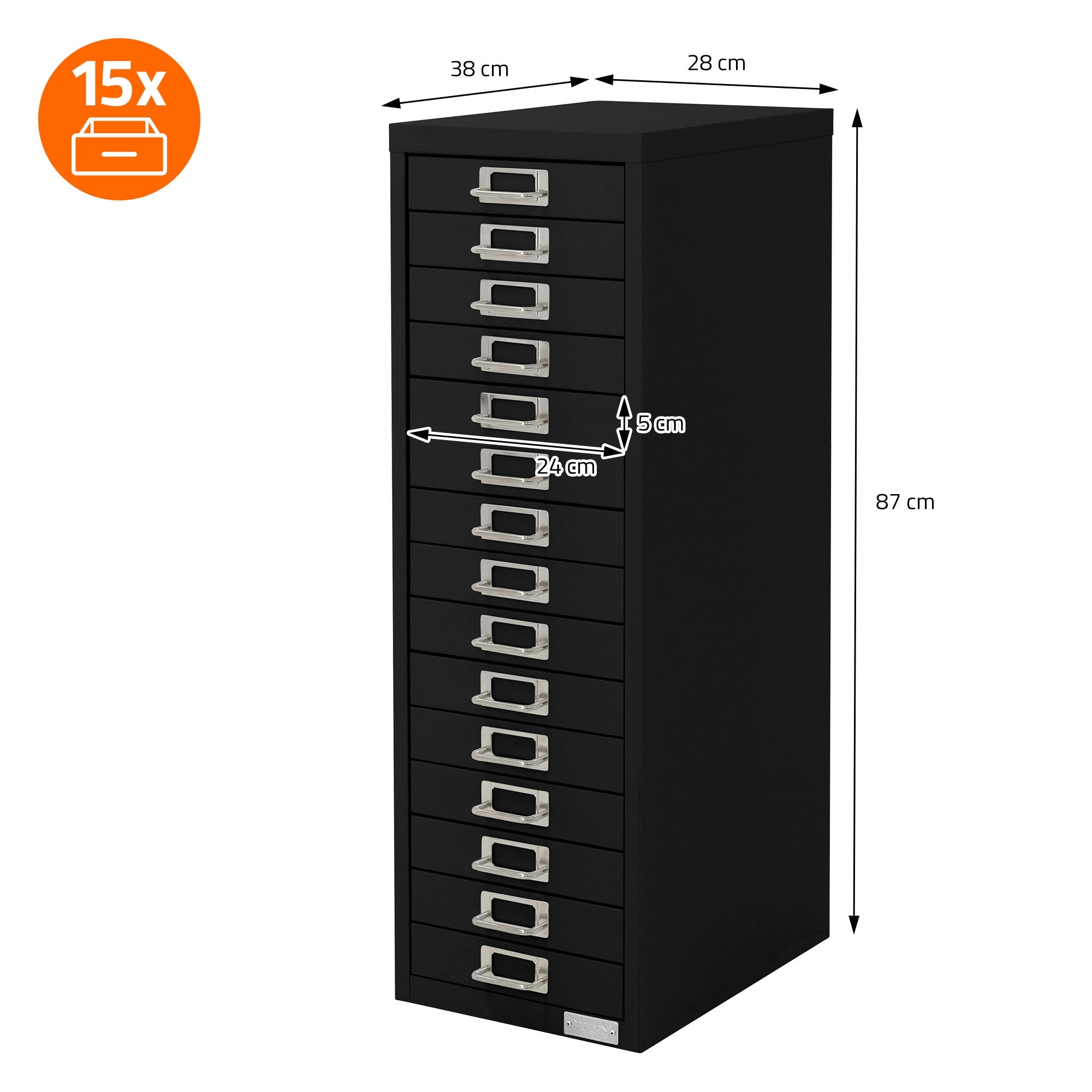 Schwarzer Schrank mit 15 Schubladen, Abmessungen: 38x28x87 cm.