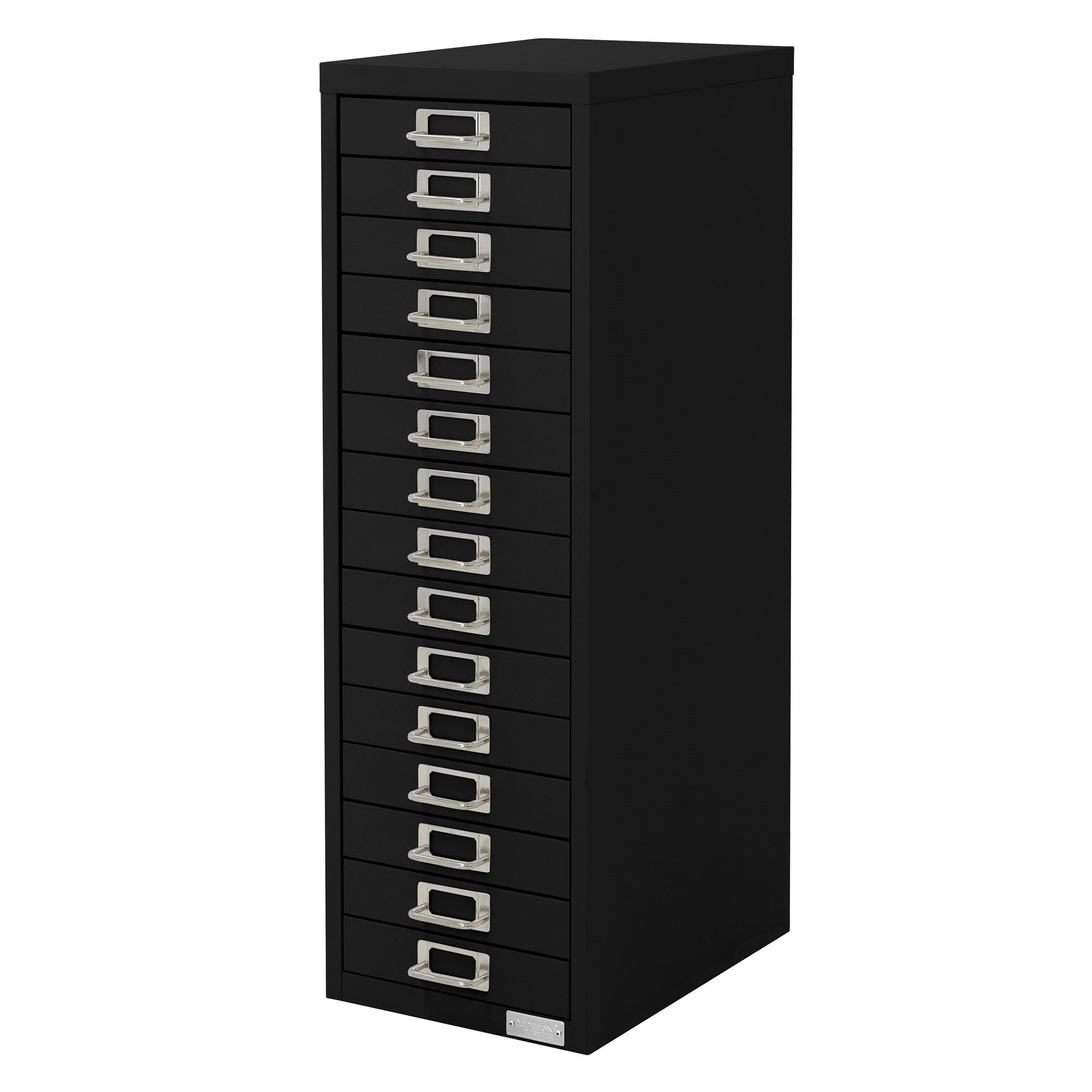 Schwarzer Schubladenschrank mit 15 Schubladen auf einem weißen Hintergrund.