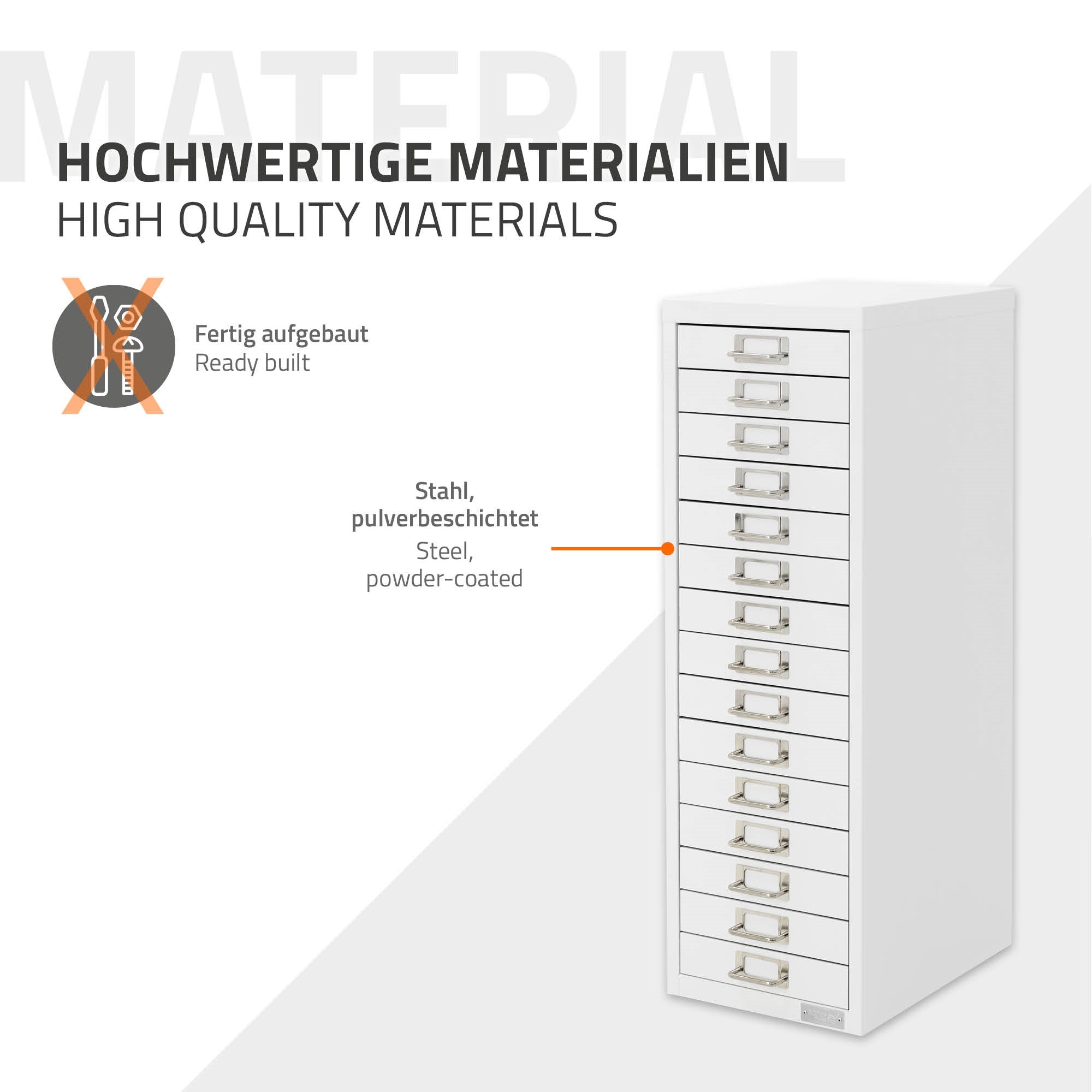 Weißer Aktenschrank mit vielen Schubladen, beschichtet mit Stahl.
