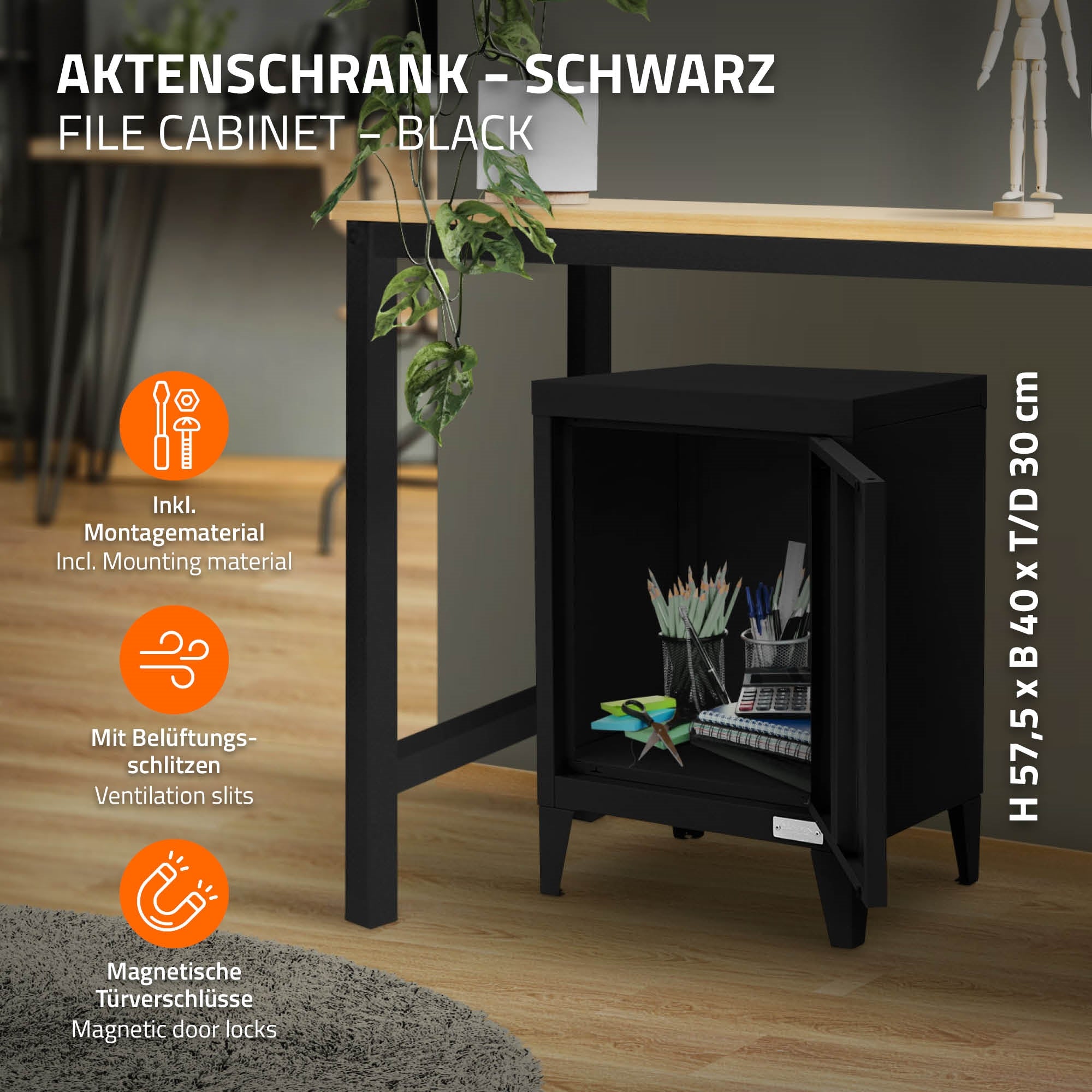 Schwarzer Aktenschrank mit offenen Türen, gefüllt mit Stiften und Bürobedarf.
