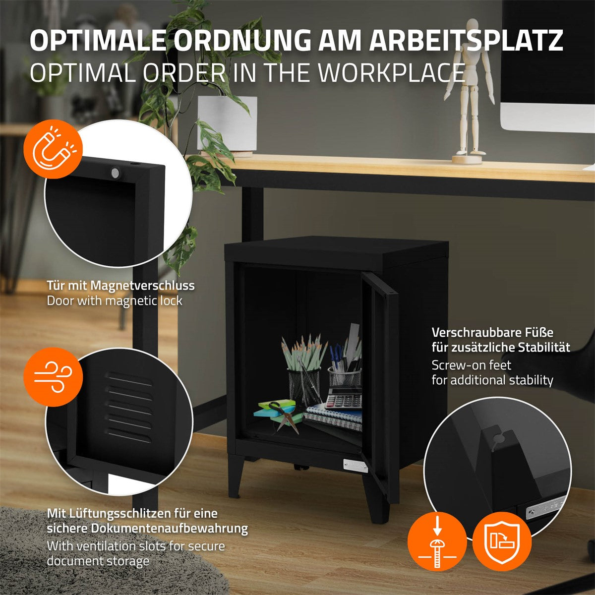 Schwarzer Aktenschrank mit Magnetverschluss und stabilen Füßen.