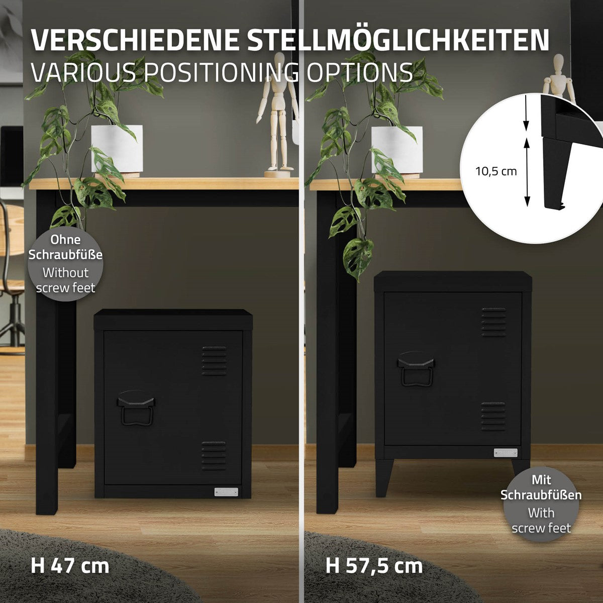 Schwarzer Schrank mit verschiedenen Stellmöglichkeiten.