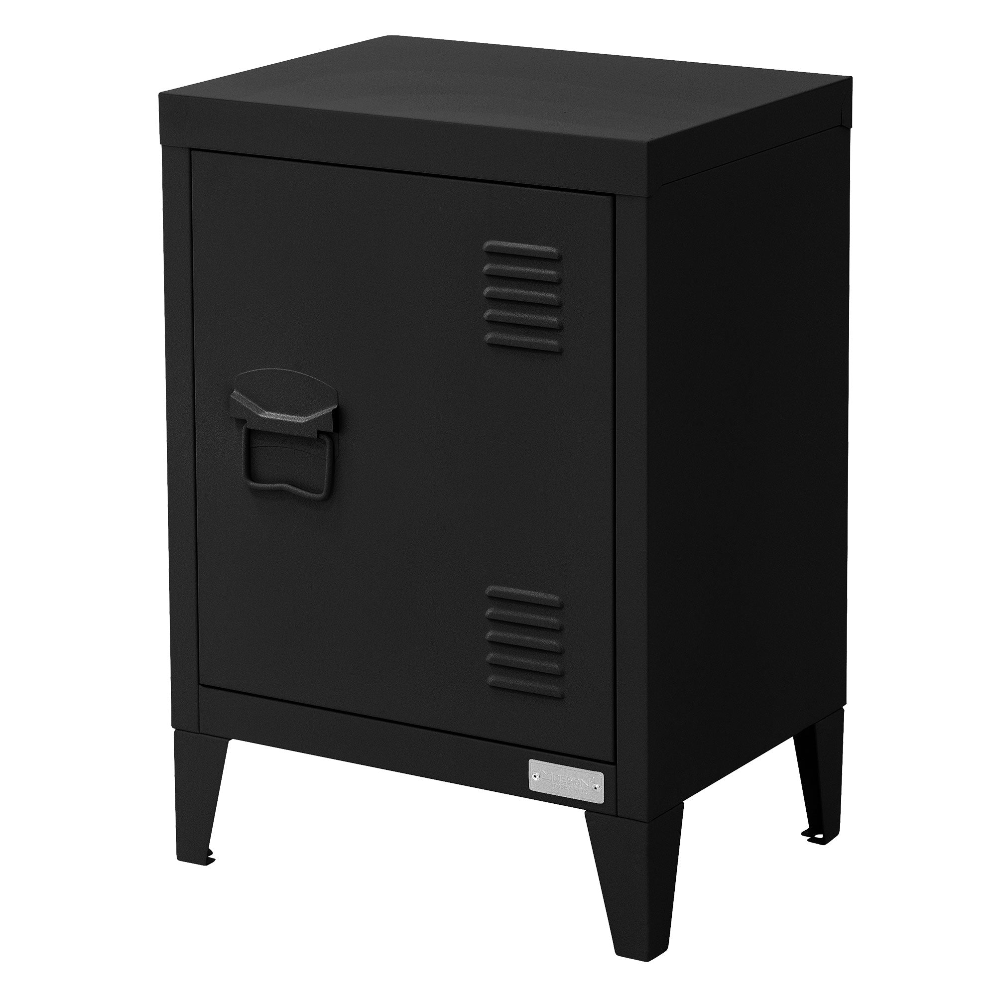 Schwarzer Aktenschrank mit einer Tür und vier Füßen.