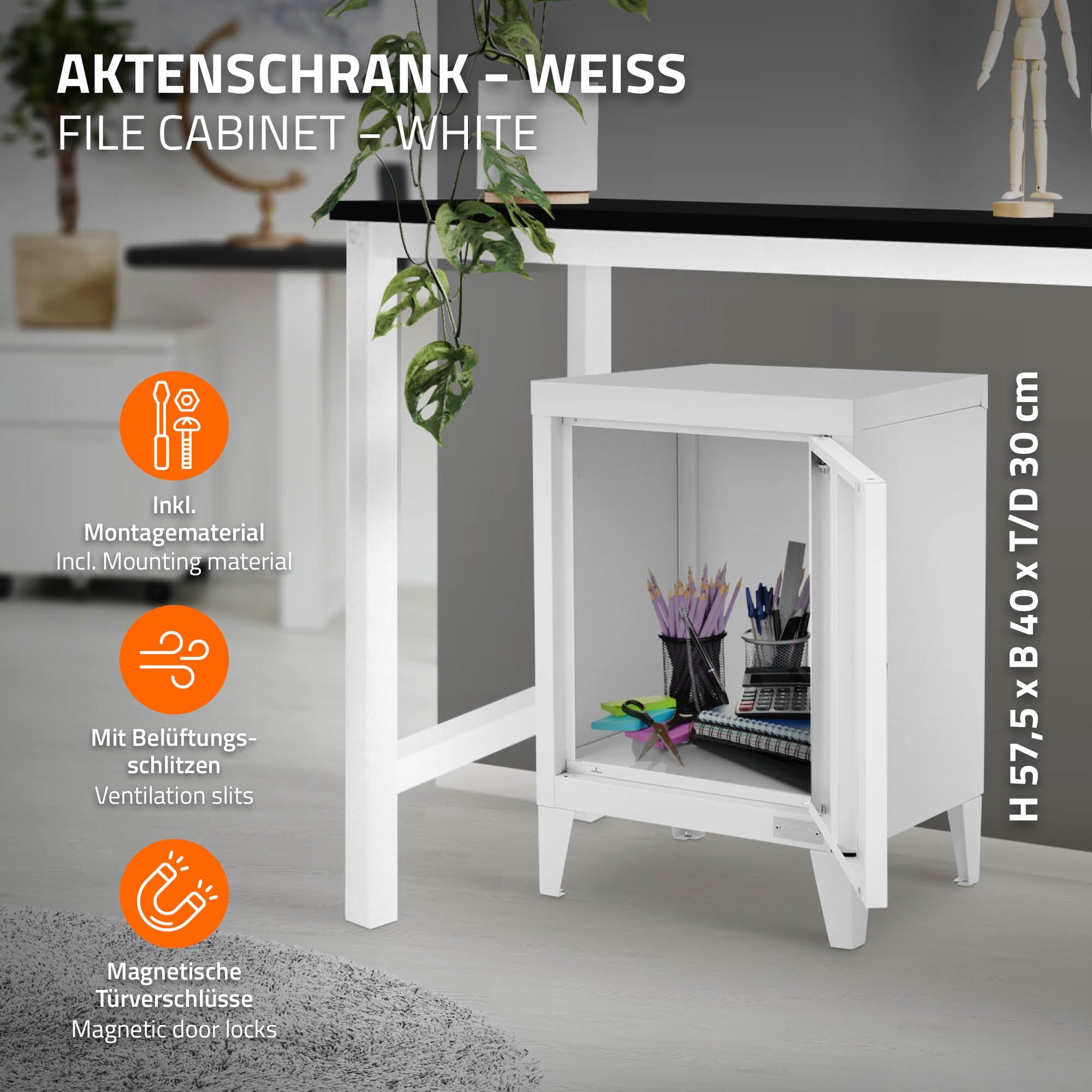 Weißer Aktenschrank mit Belüftungsschlitzen und Magnetverschlüssen.