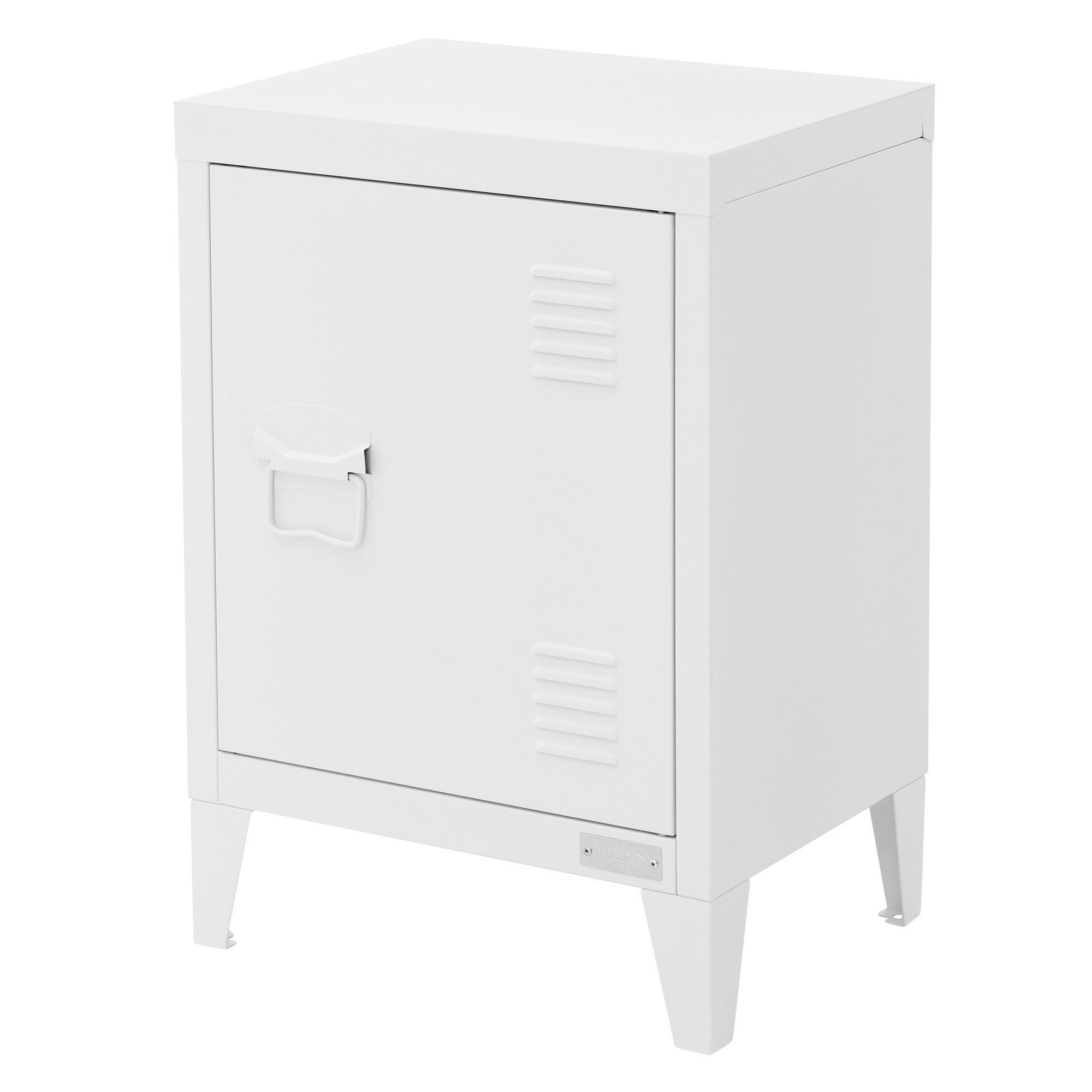 Weißer Aktenschrank mit einer Tür und einem Griff.
