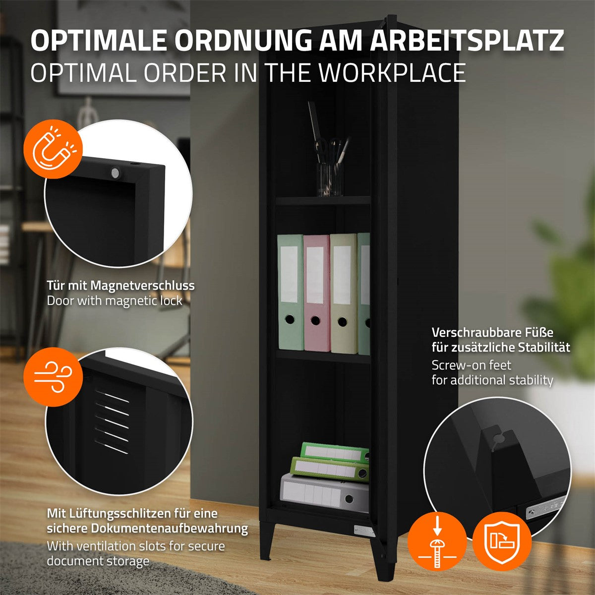 Schwarzer Schrank mit Magnetverschluss und stabilen Füßen, zeigt Ordnungssystem.