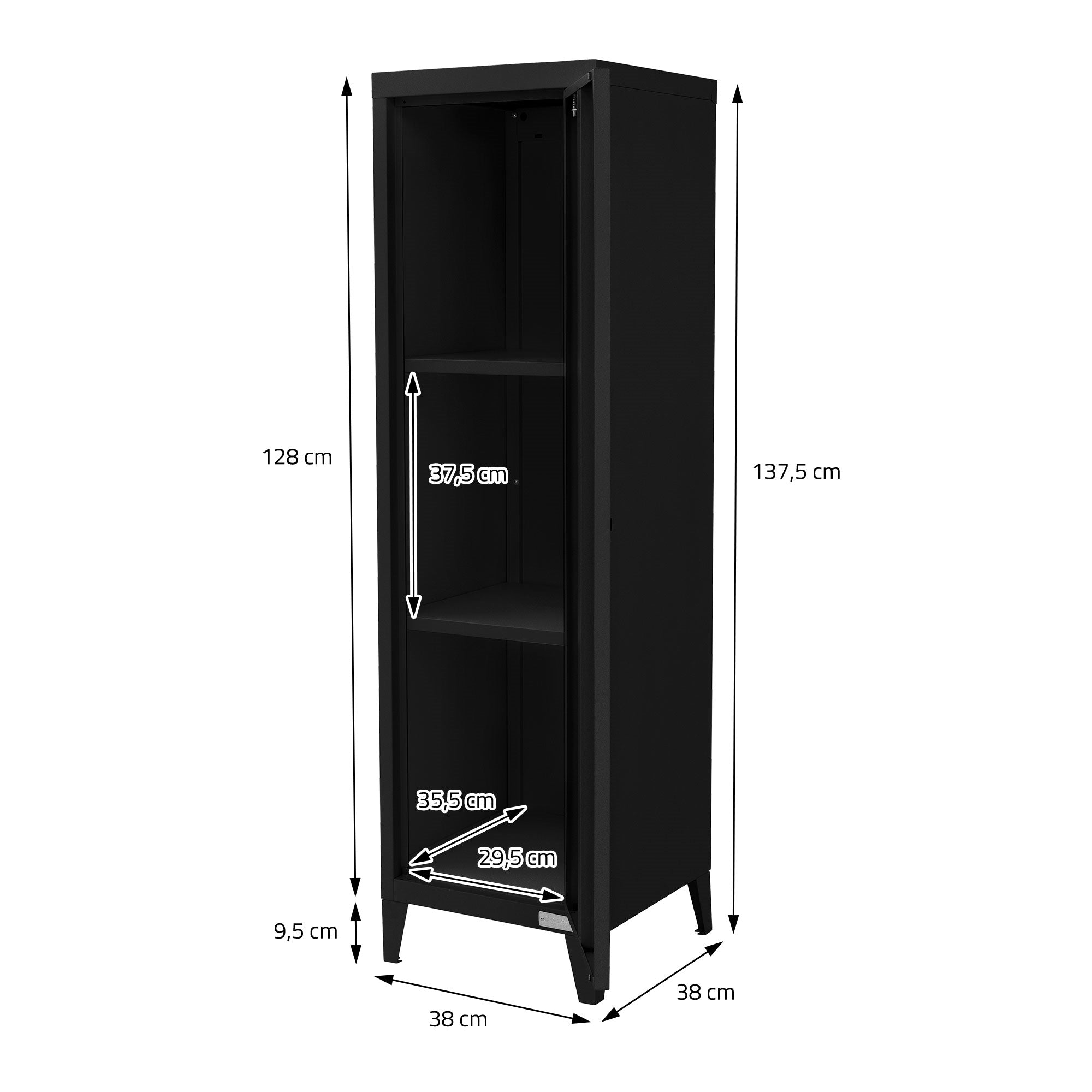 Schmaler, schwarzer Schrank mit Maßangaben und zwei Regalen, auf weißem Hintergrund.
