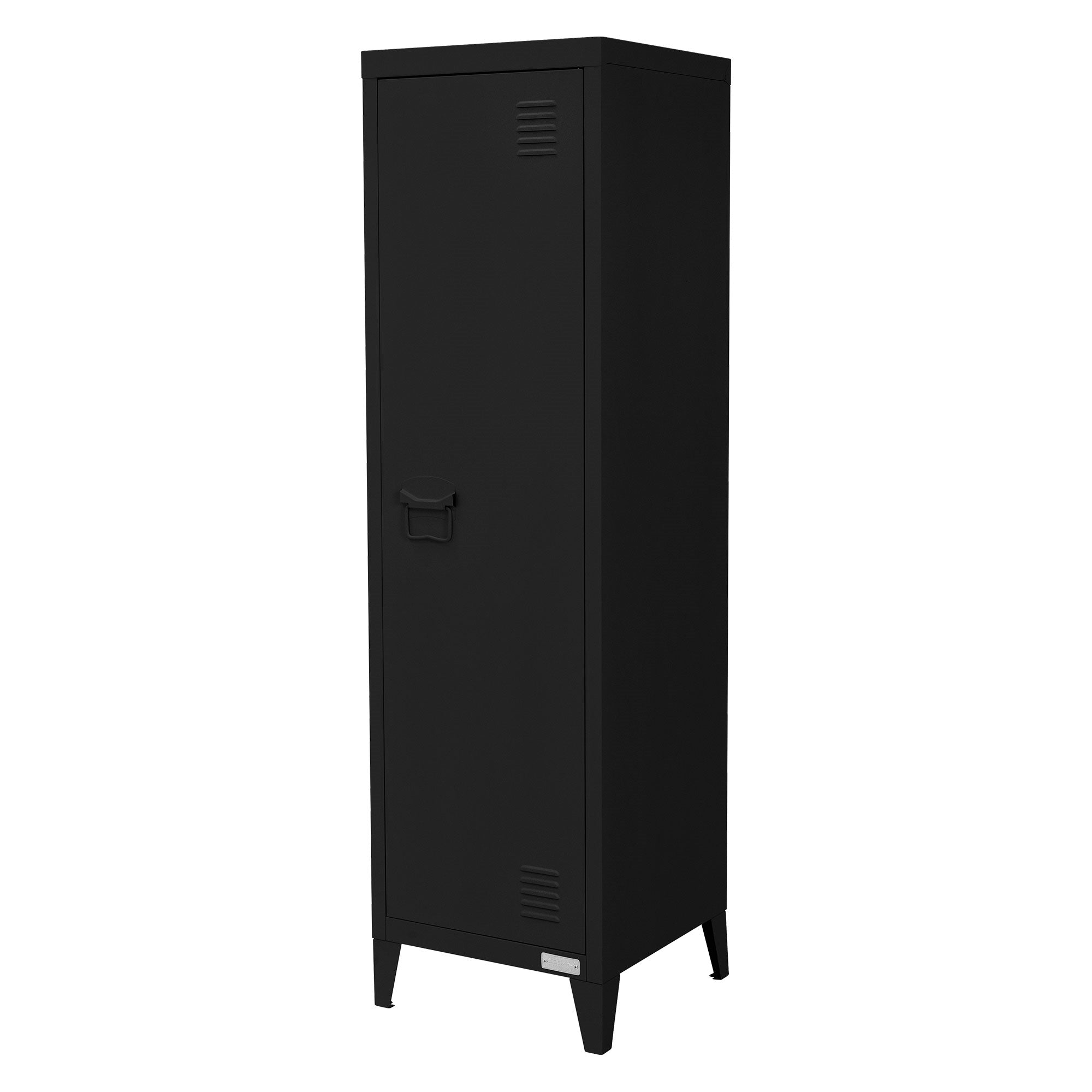 Schwarzer, schmaler Aktenschrank mit Griff und Lüftungsschlitzen.