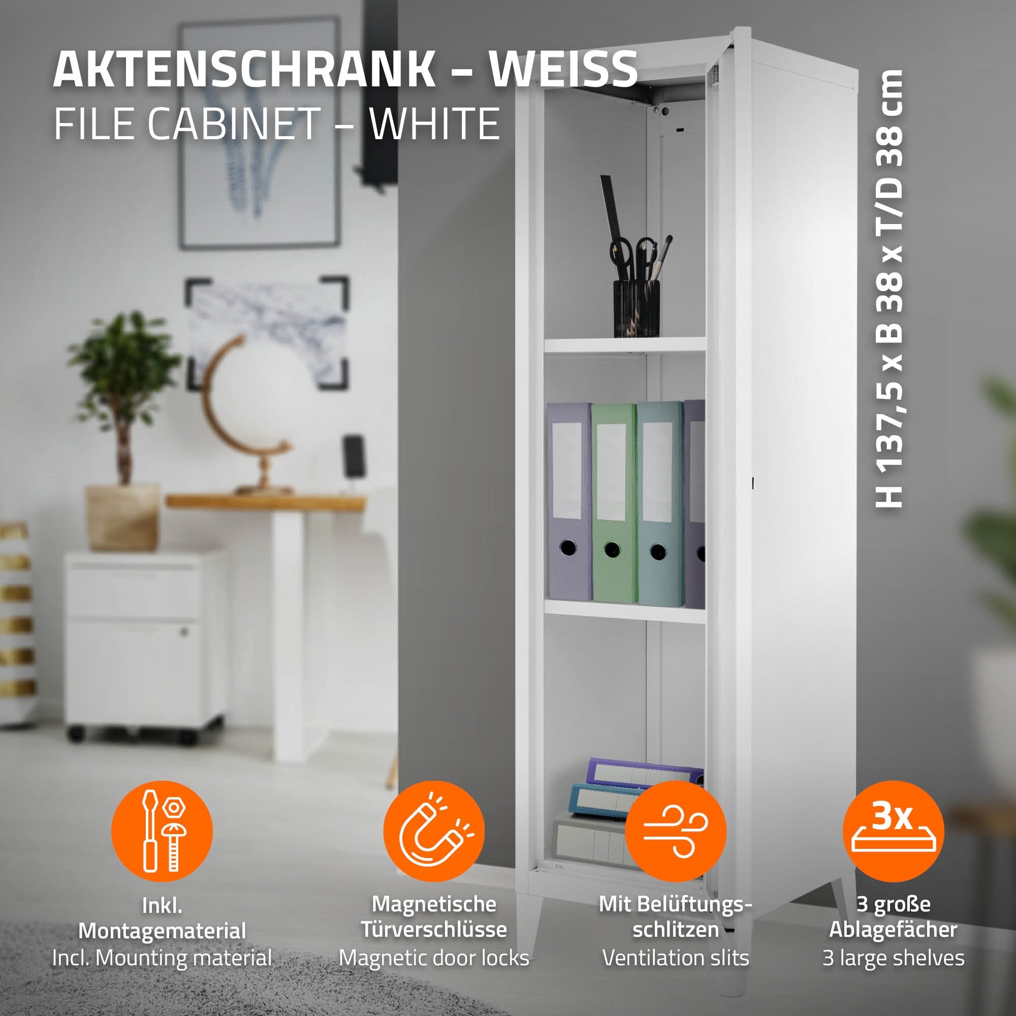 Weißer Aktenschrank mit offenen Fächern und magnetischen Türschlössern.