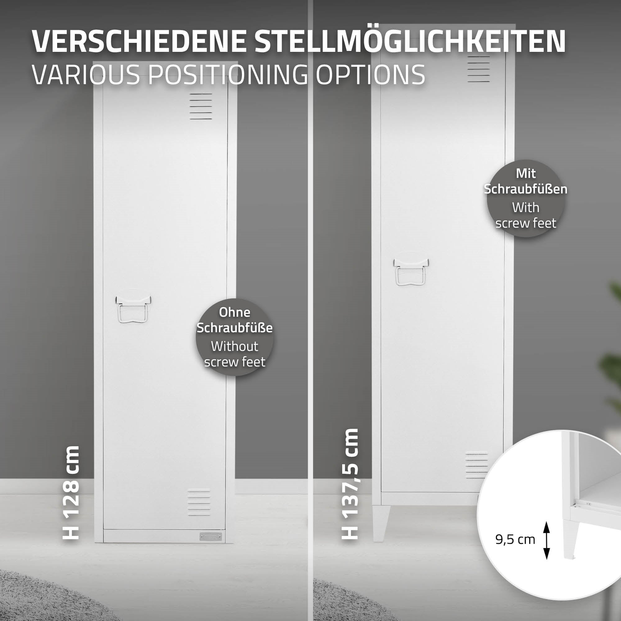 Grafik zeigt verschiedene Stellmöglichkeiten für einen weißen Schrank.